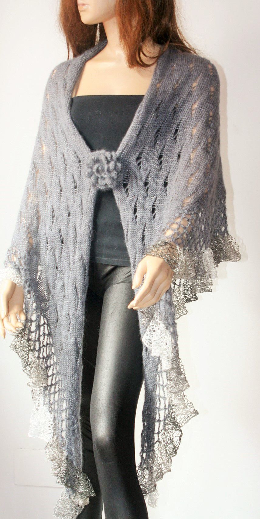 Gray Knitted And Crocheted Shawl