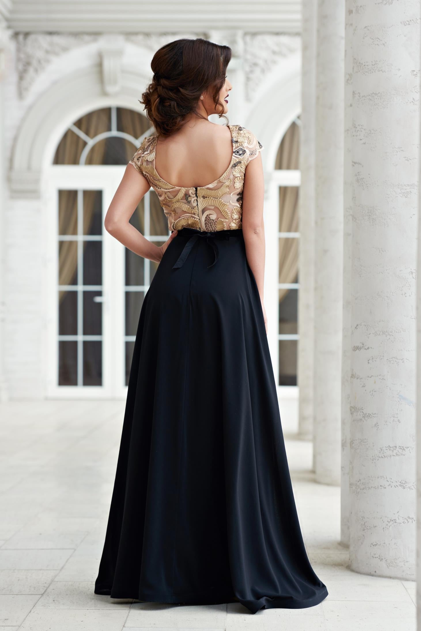 Black laced evening bareback dress