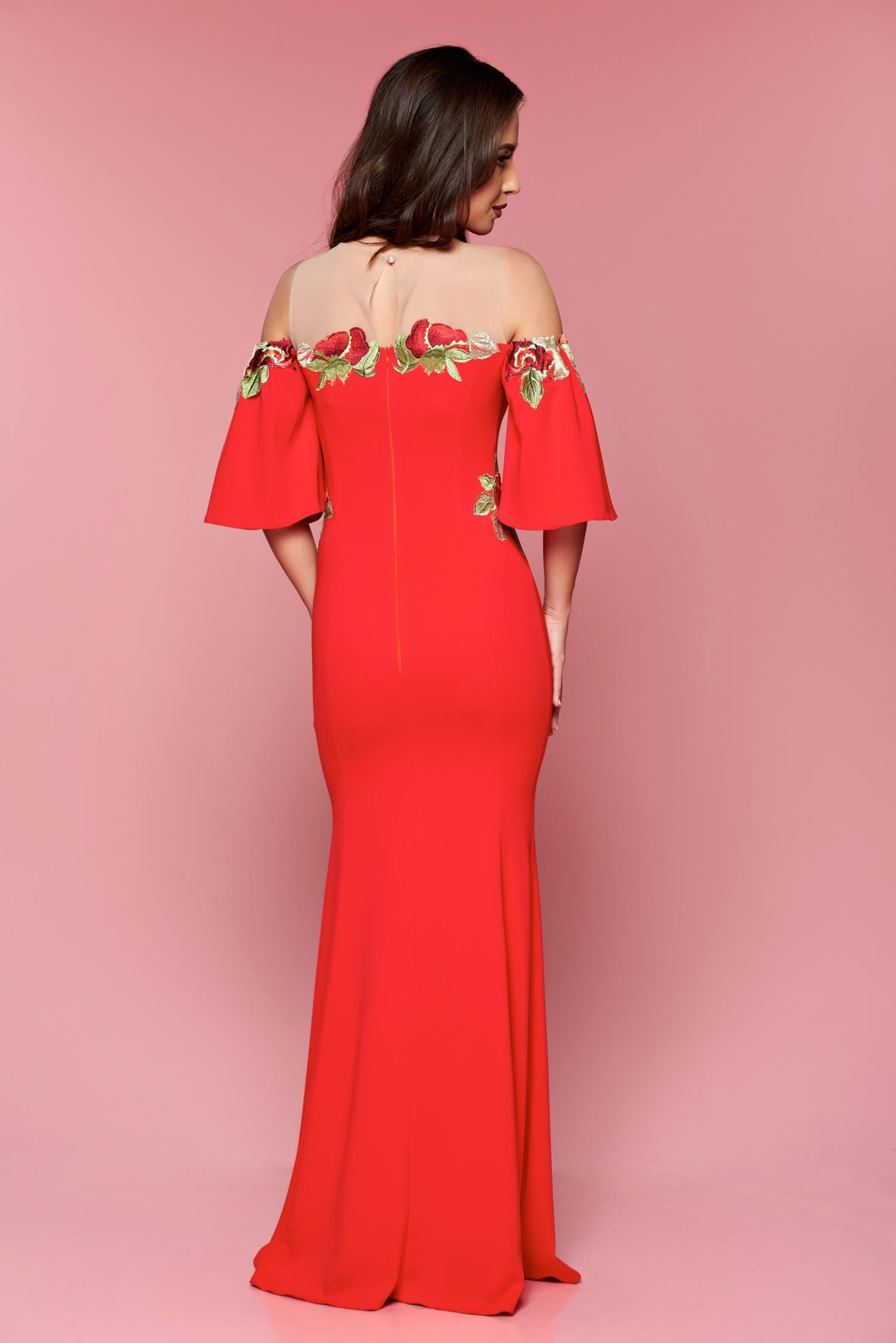 Red Dress Occasional Long Bell Sleeves Embroidered