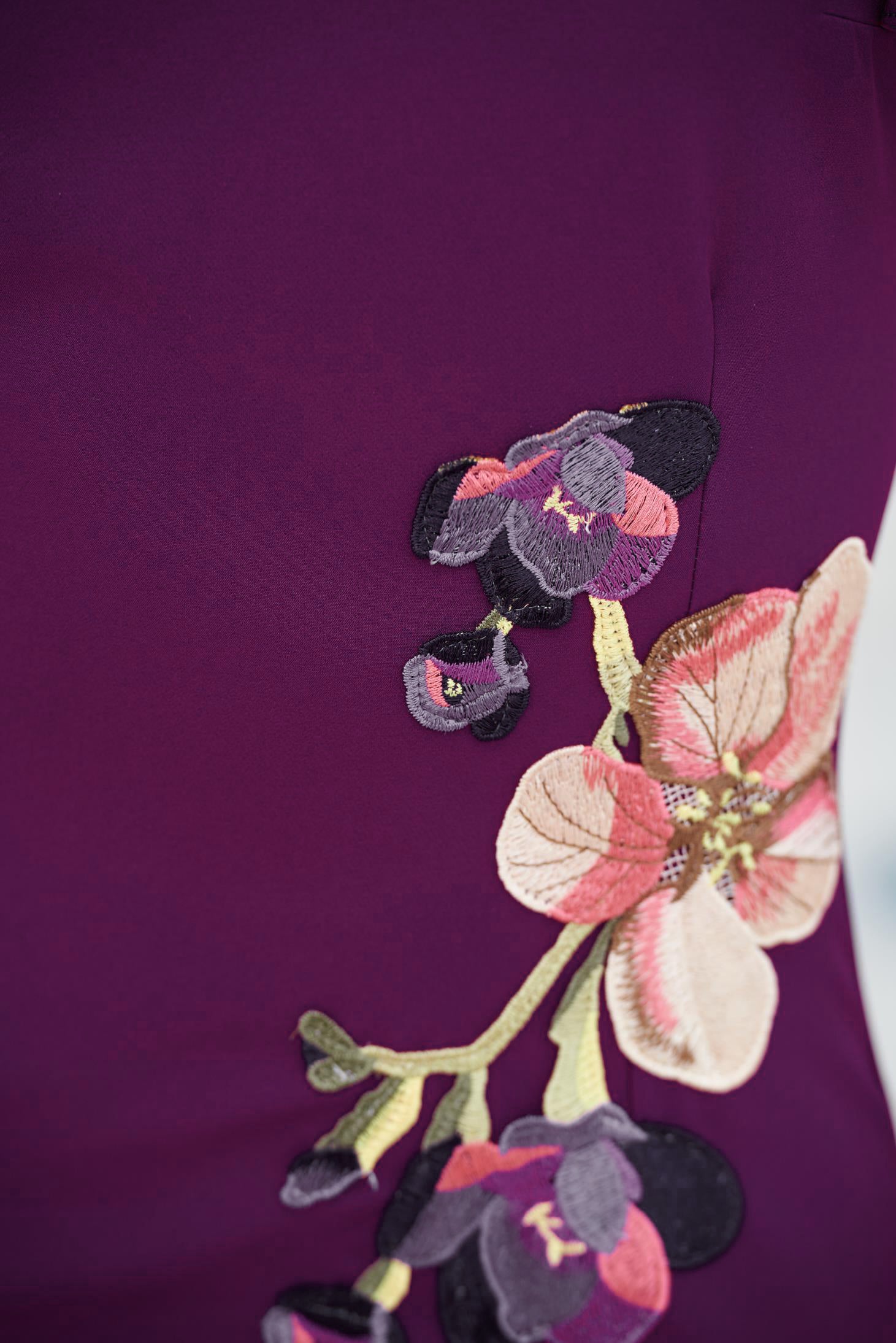 Purple Elegant Pencil Dress With Embroidery Details