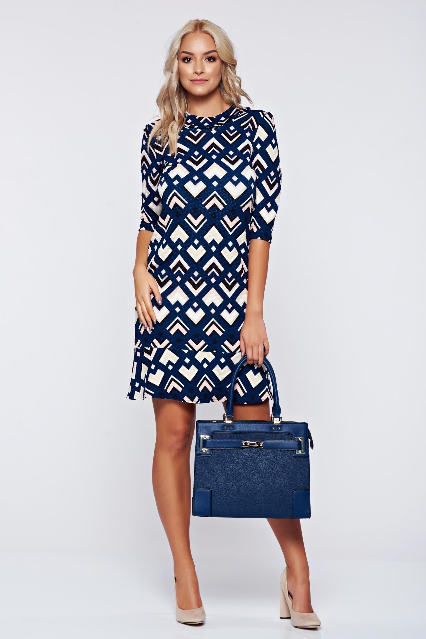 Darkblue Office Dress With 3/4 Sleeve And Print Details