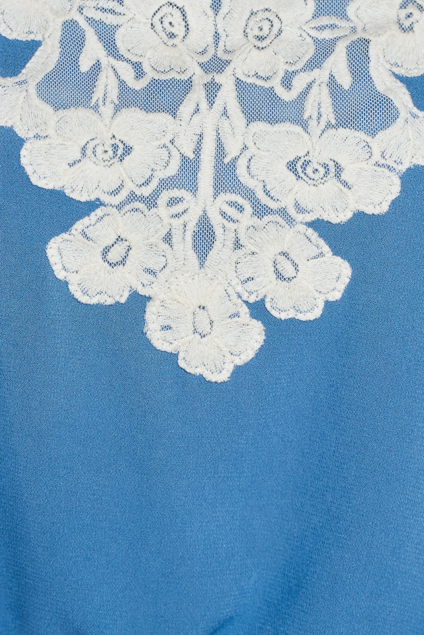 Flared embroidered blue office women`s blouse