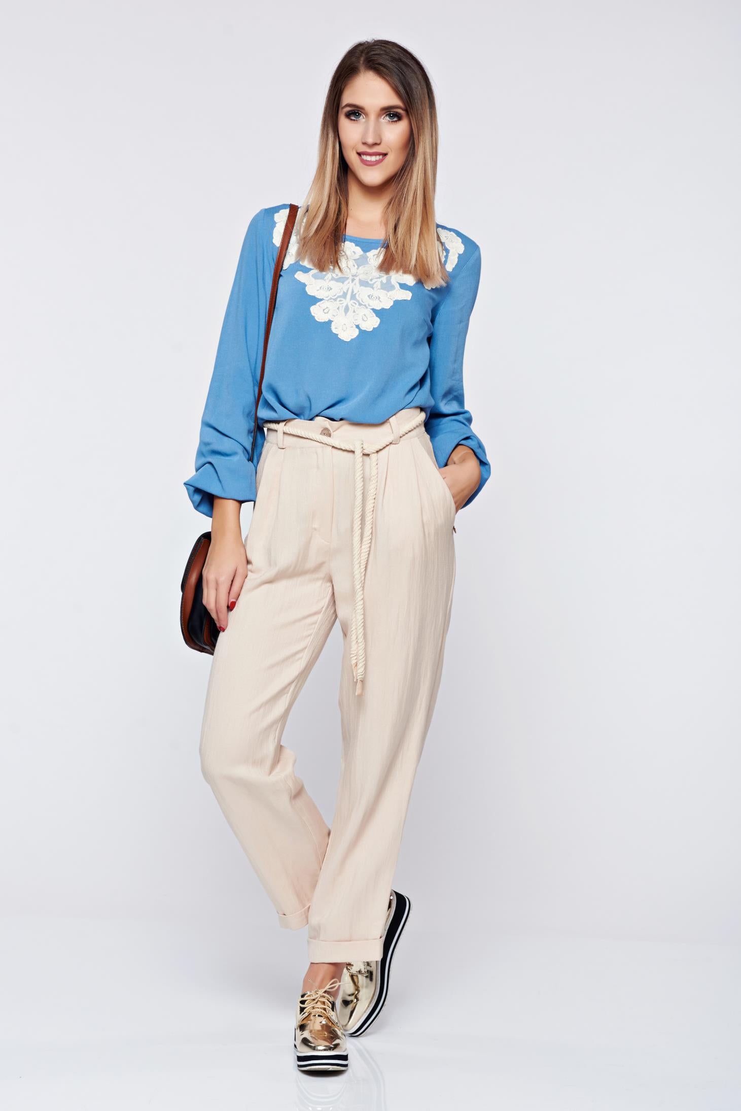 Flared embroidered blue office women`s blouse