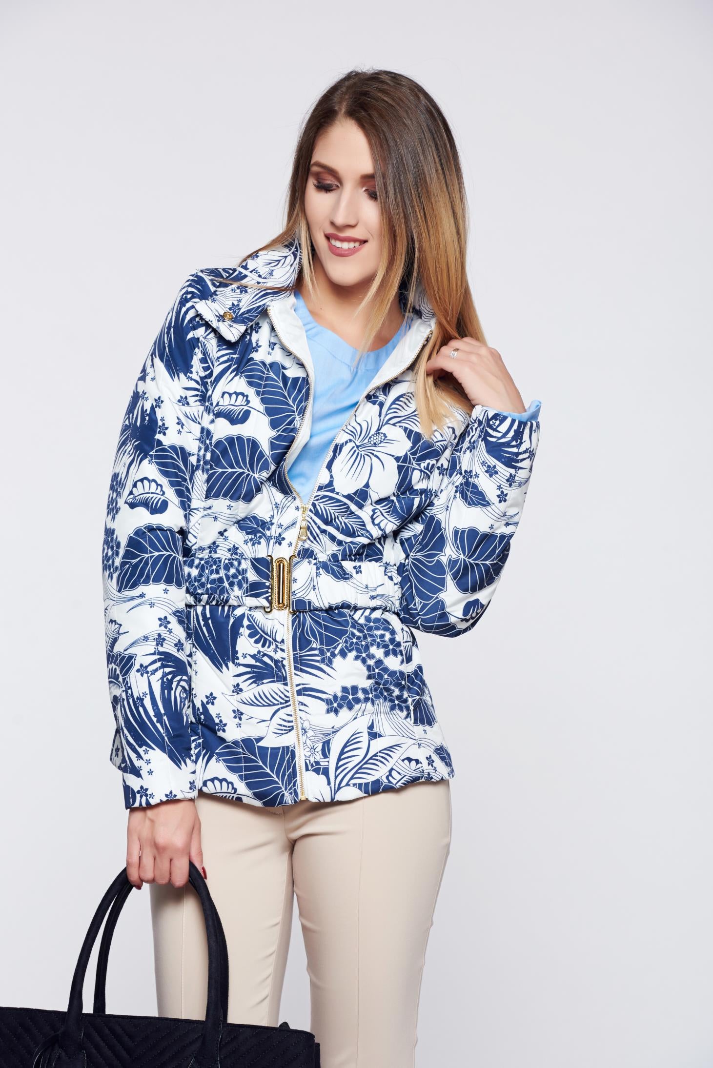 Blue Casual Jacket With Floral Prints Accessorized With Tied Waistband