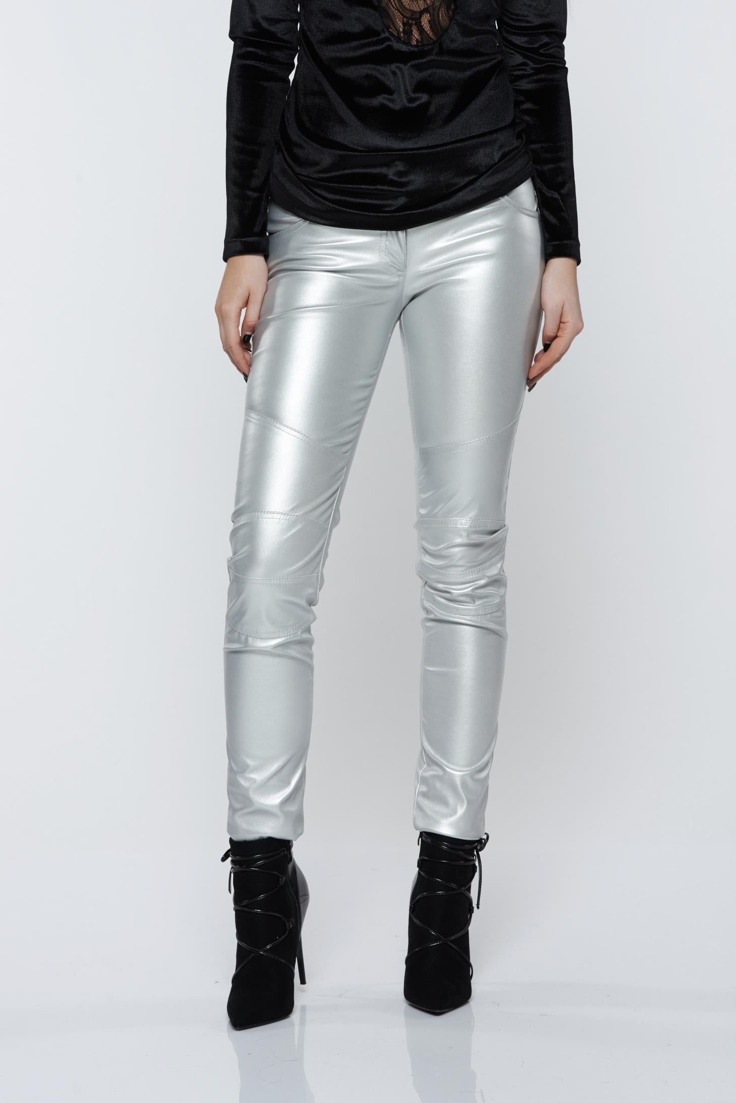Silver Trousers Casual With Metallic Aspect And Medium Waist