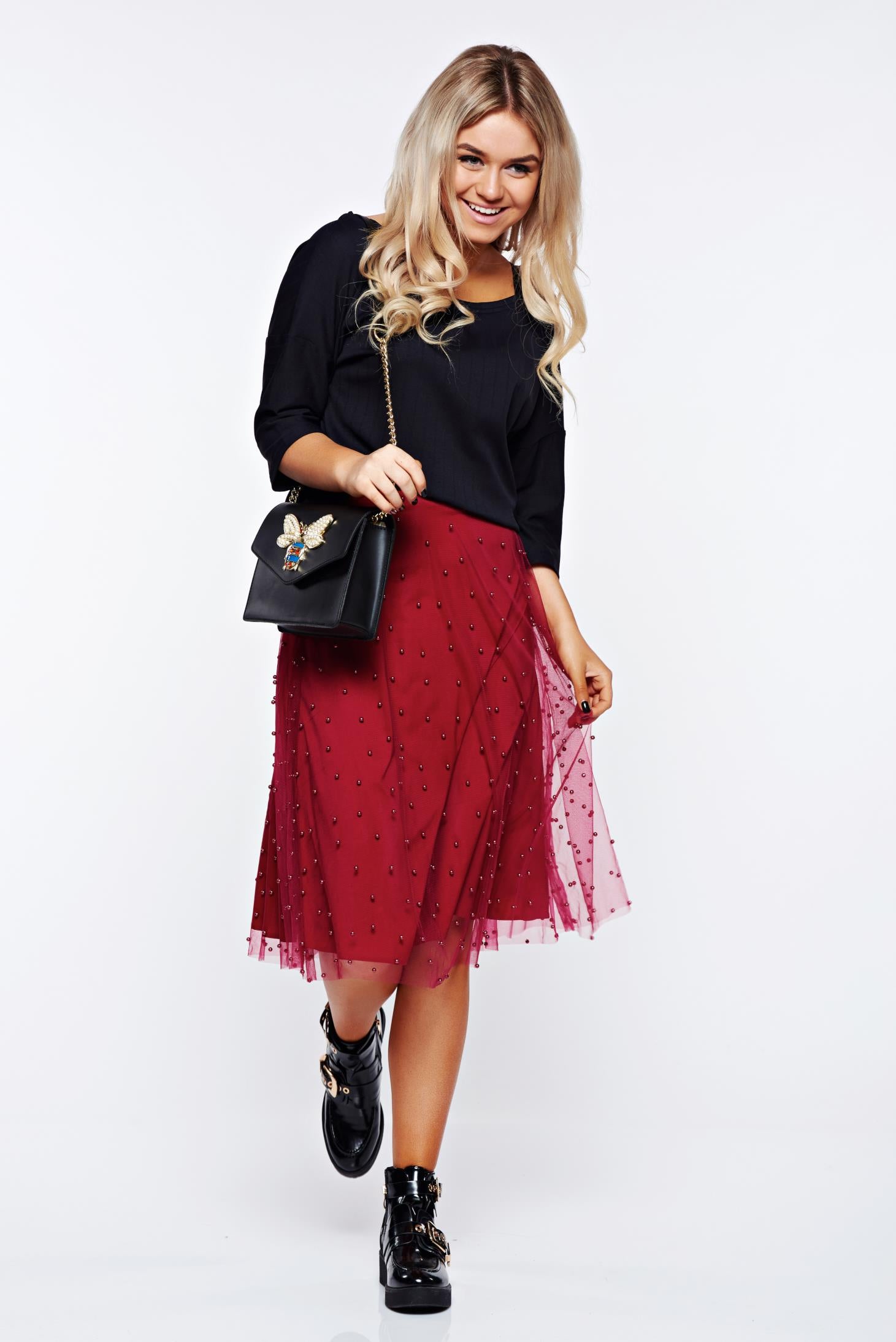Burgundy Skirt Casual Of Tulle With Small Beads Embellished Details And Inside Lining