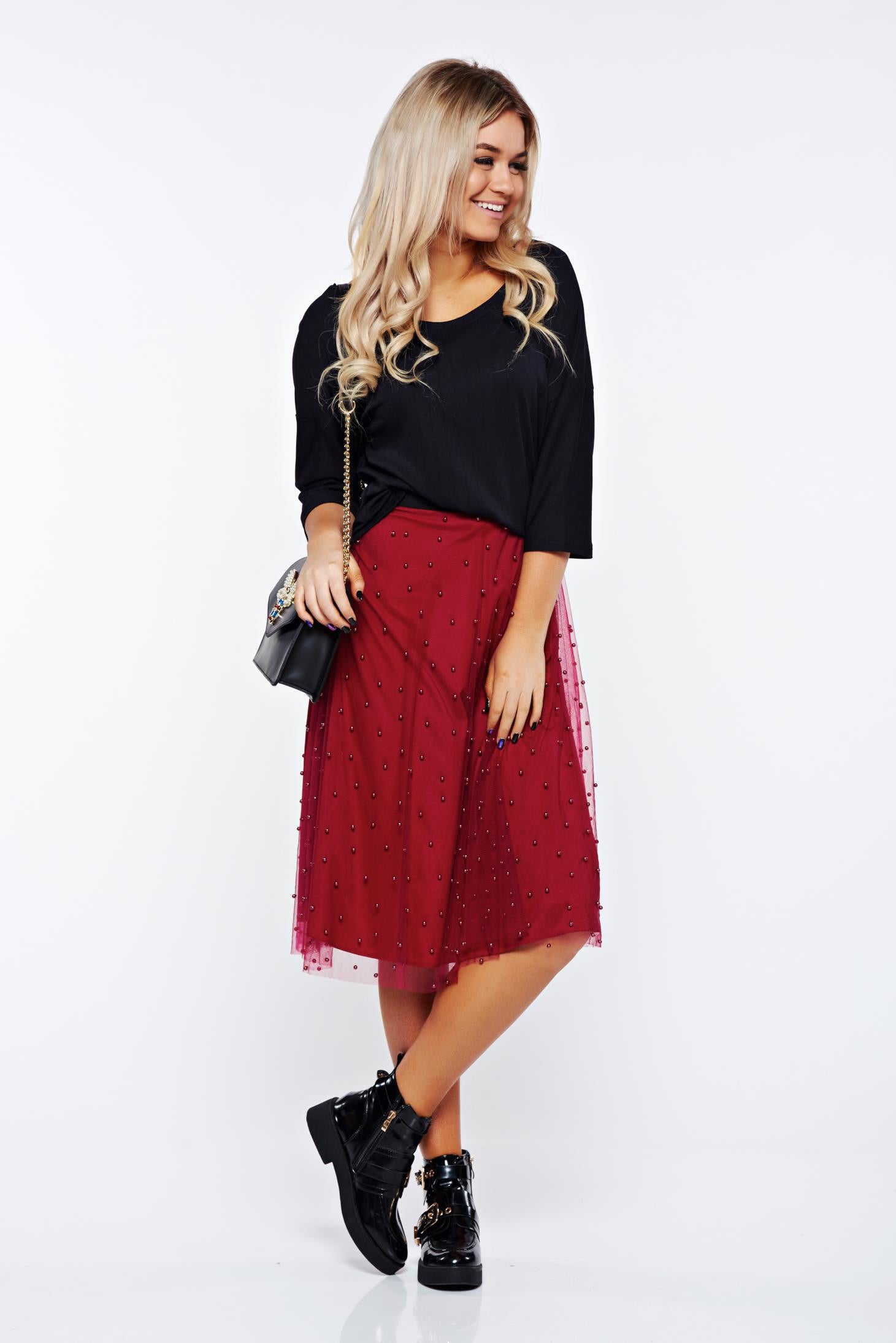 Burgundy Skirt Casual Of Tulle With Small Beads Embellished Details And Inside Lining
