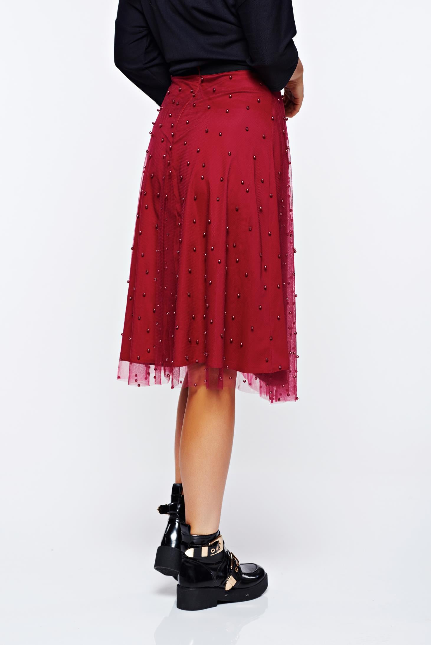 Burgundy Skirt Casual Of Tulle With Small Beads Embellished Details And Inside Lining