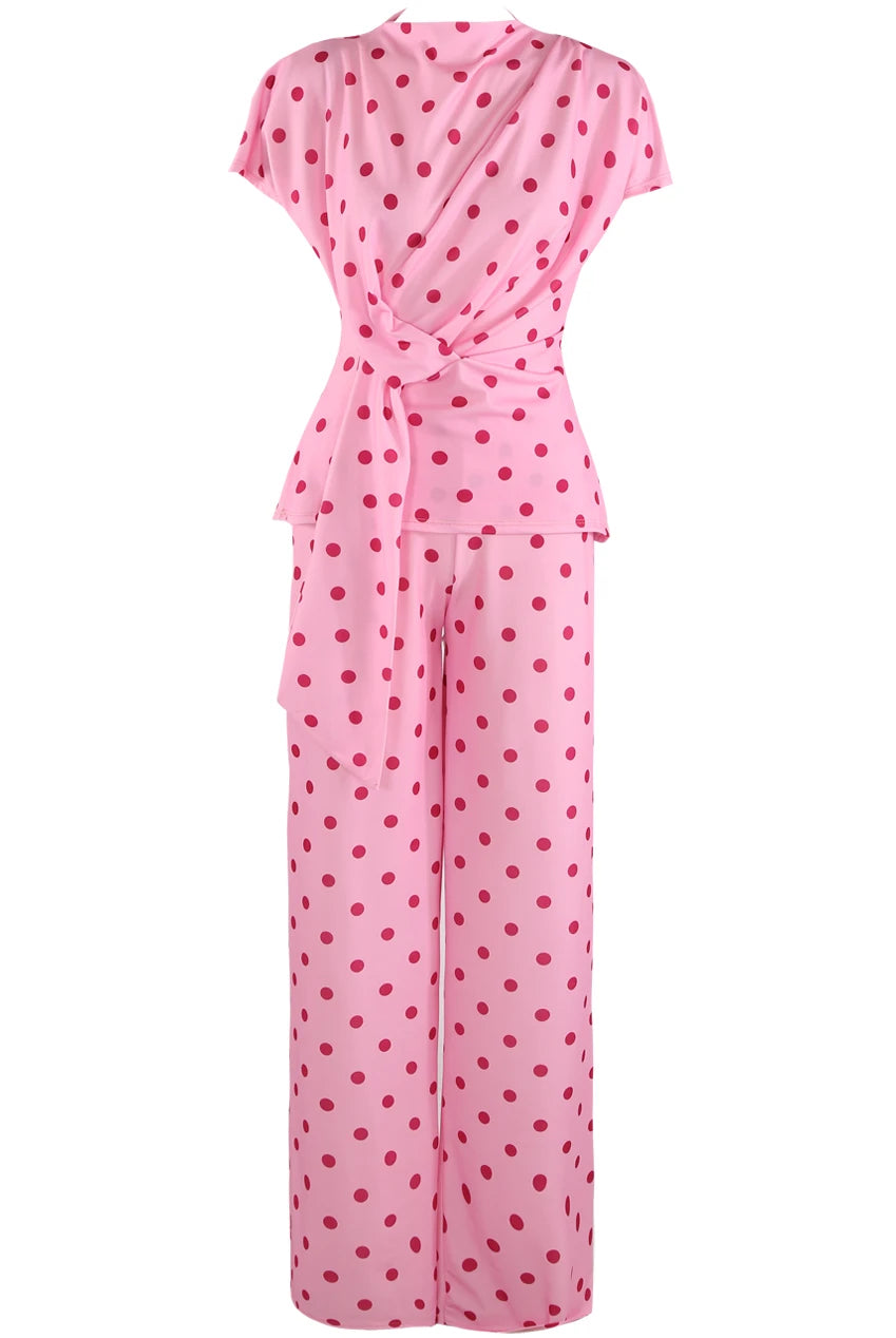 Pink Polka Dot Wrap Top & Straight-Leg Trouser Set