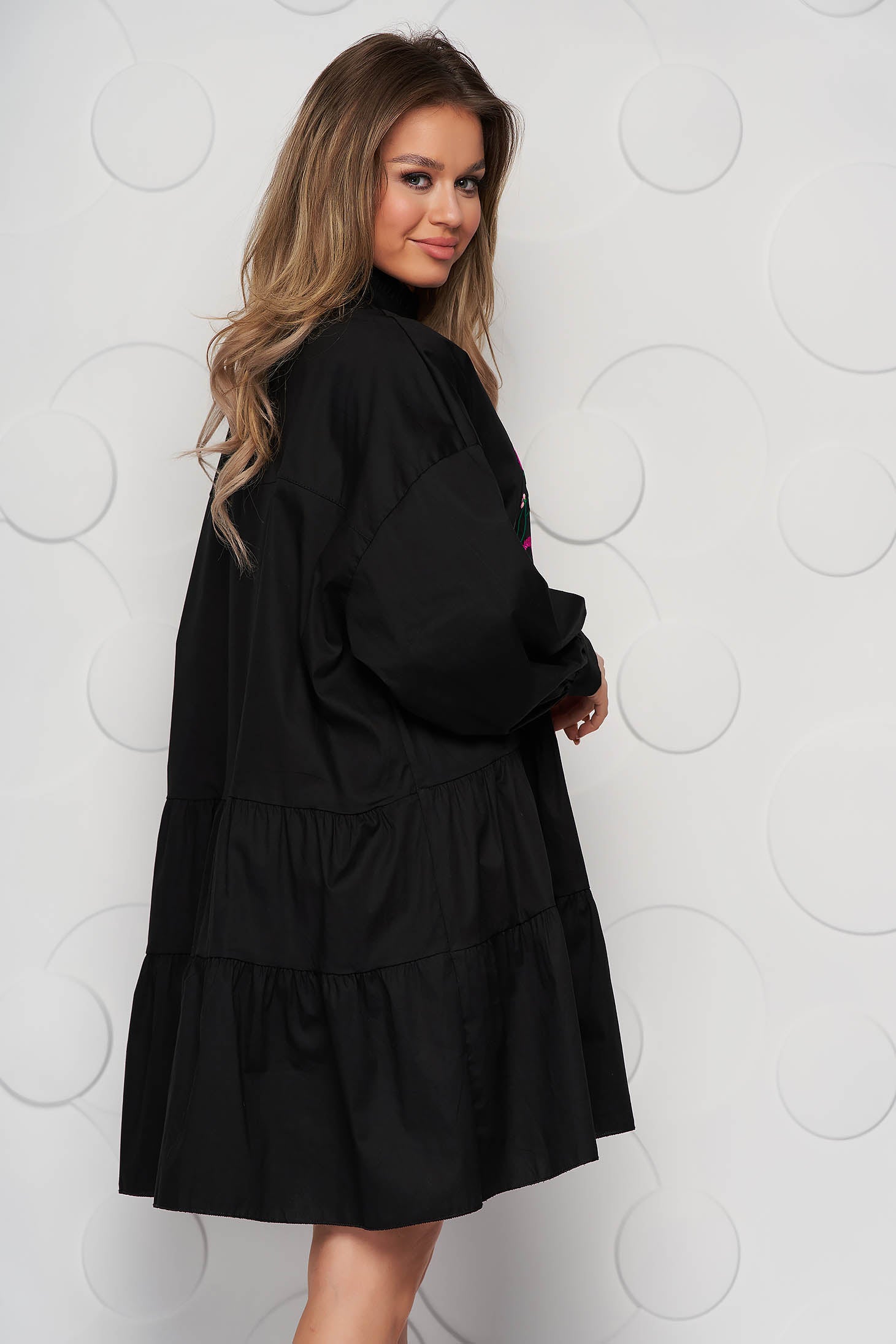Black Dress Cotton Loose Fit With Ruffle Details Embroidered.