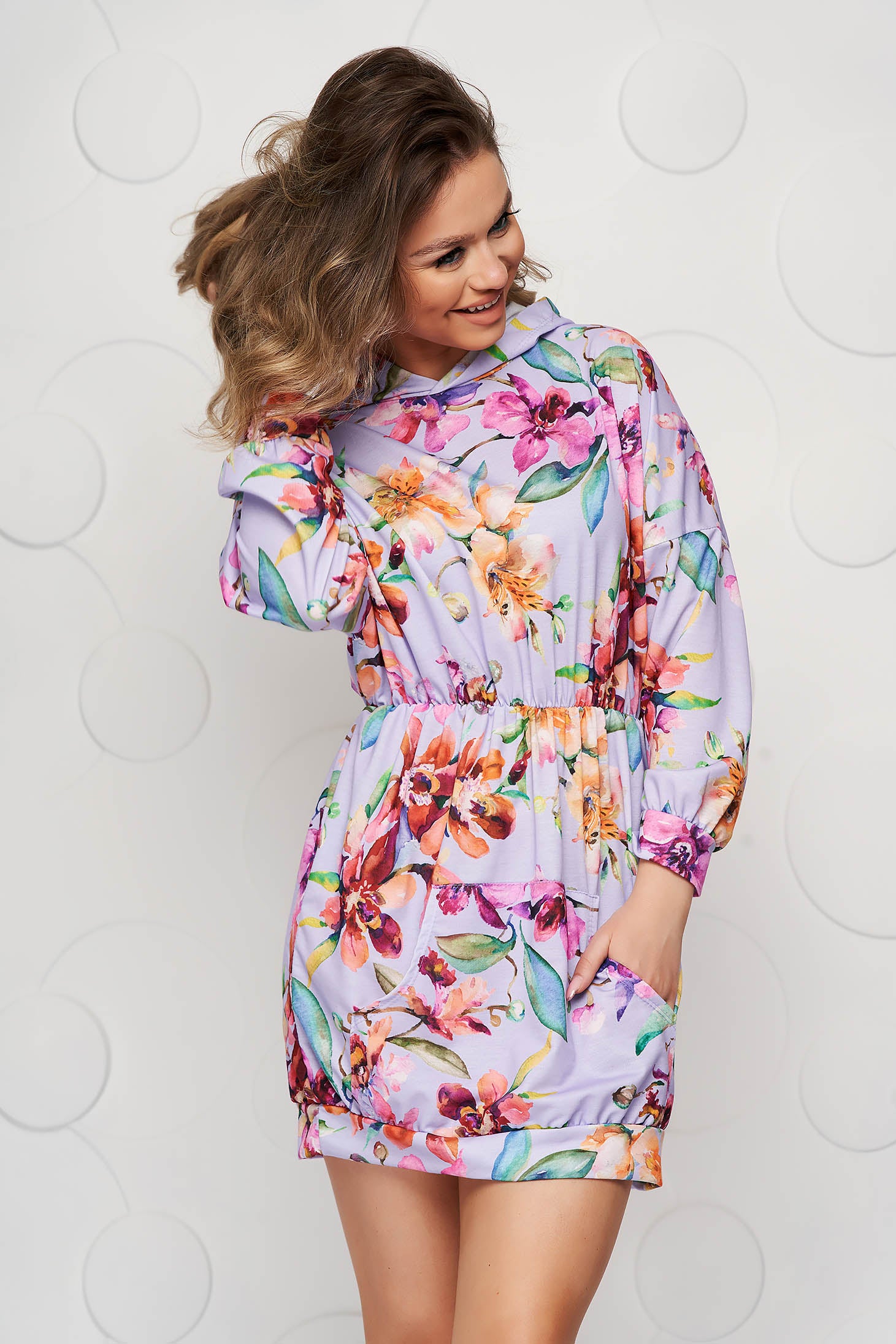 Lila Dress Short Cut Casual With Pockets Long Sleeved