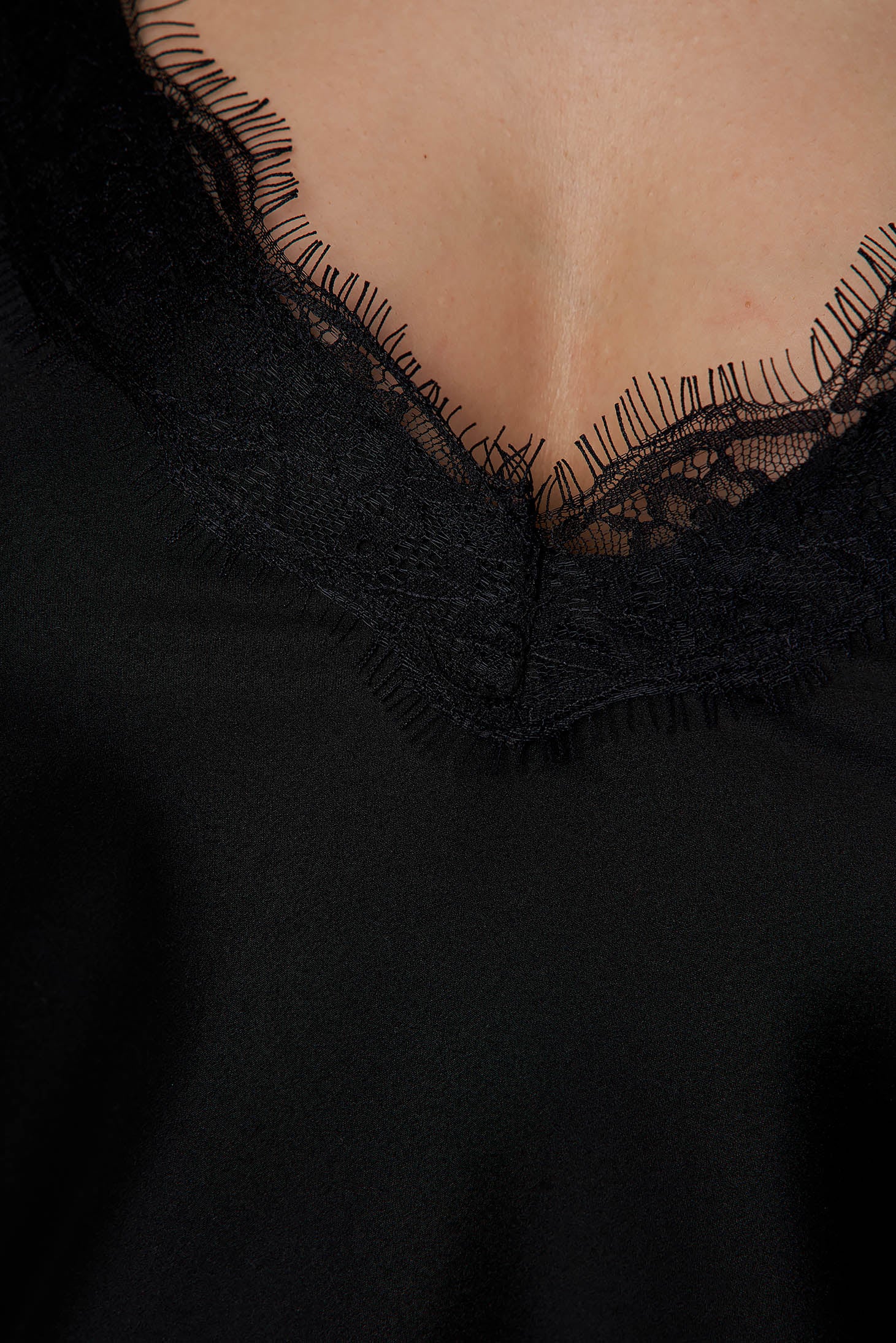 Black Top Shirt Loose Fit From Satin With Straps With Lace Details.