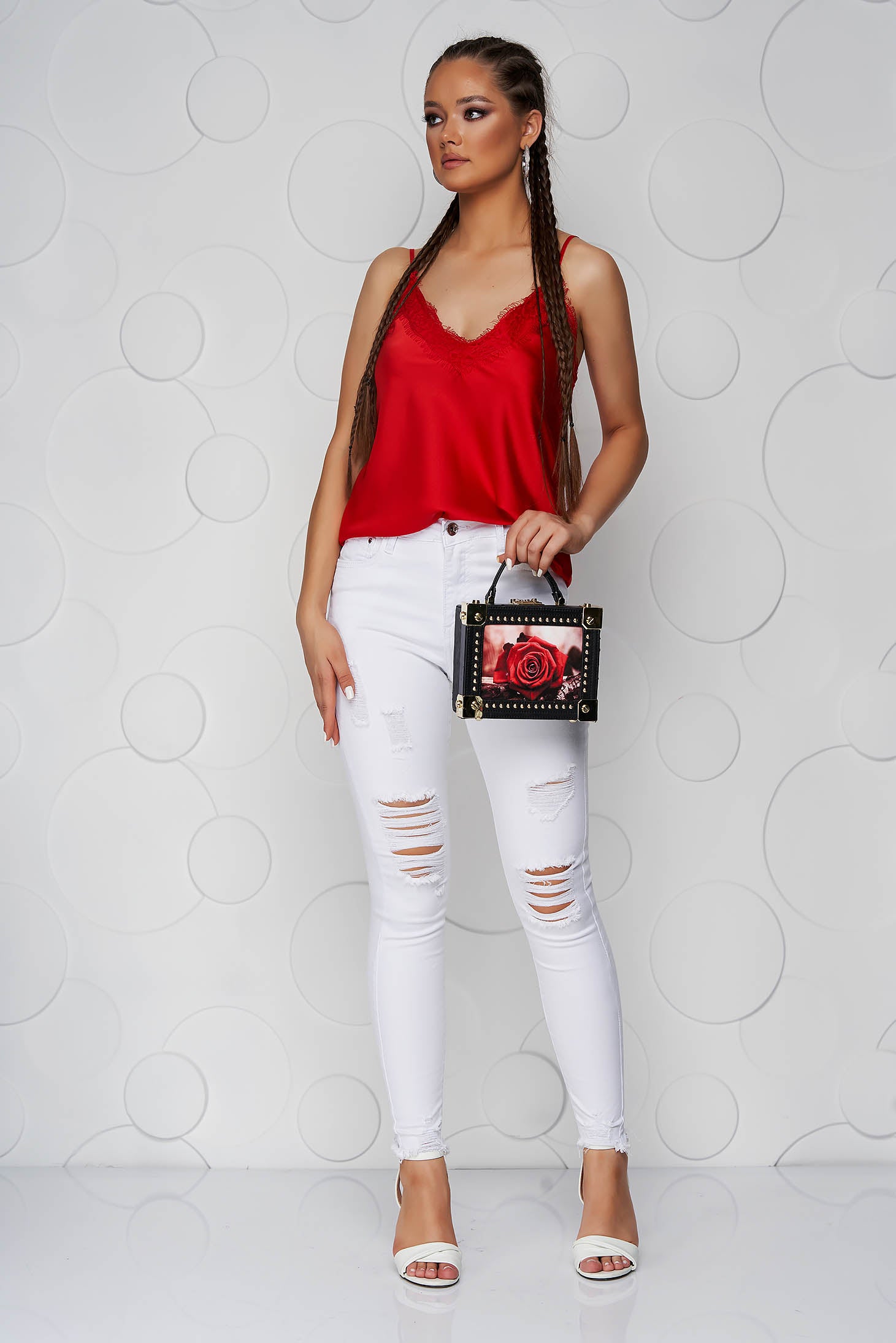 Red Top Shirt Loose Fit From Satin With Straps With Lace Details.