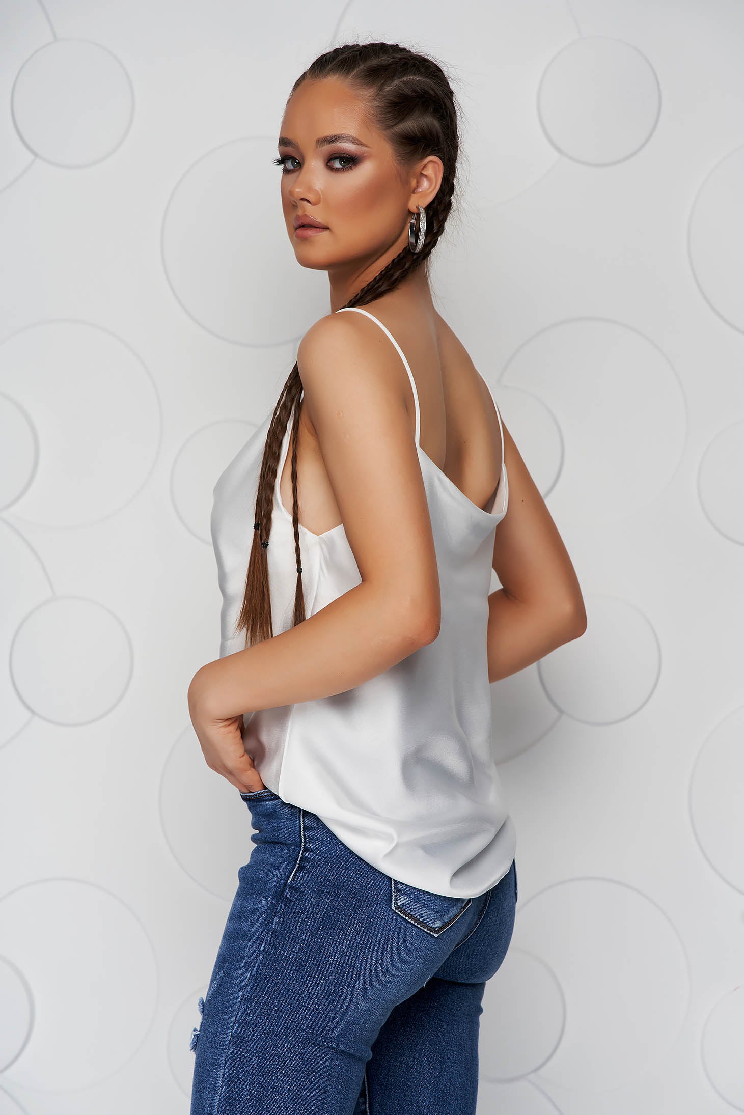 White SunShine Top With Wide Satin Cuts With Straps And Dropped Neckline.