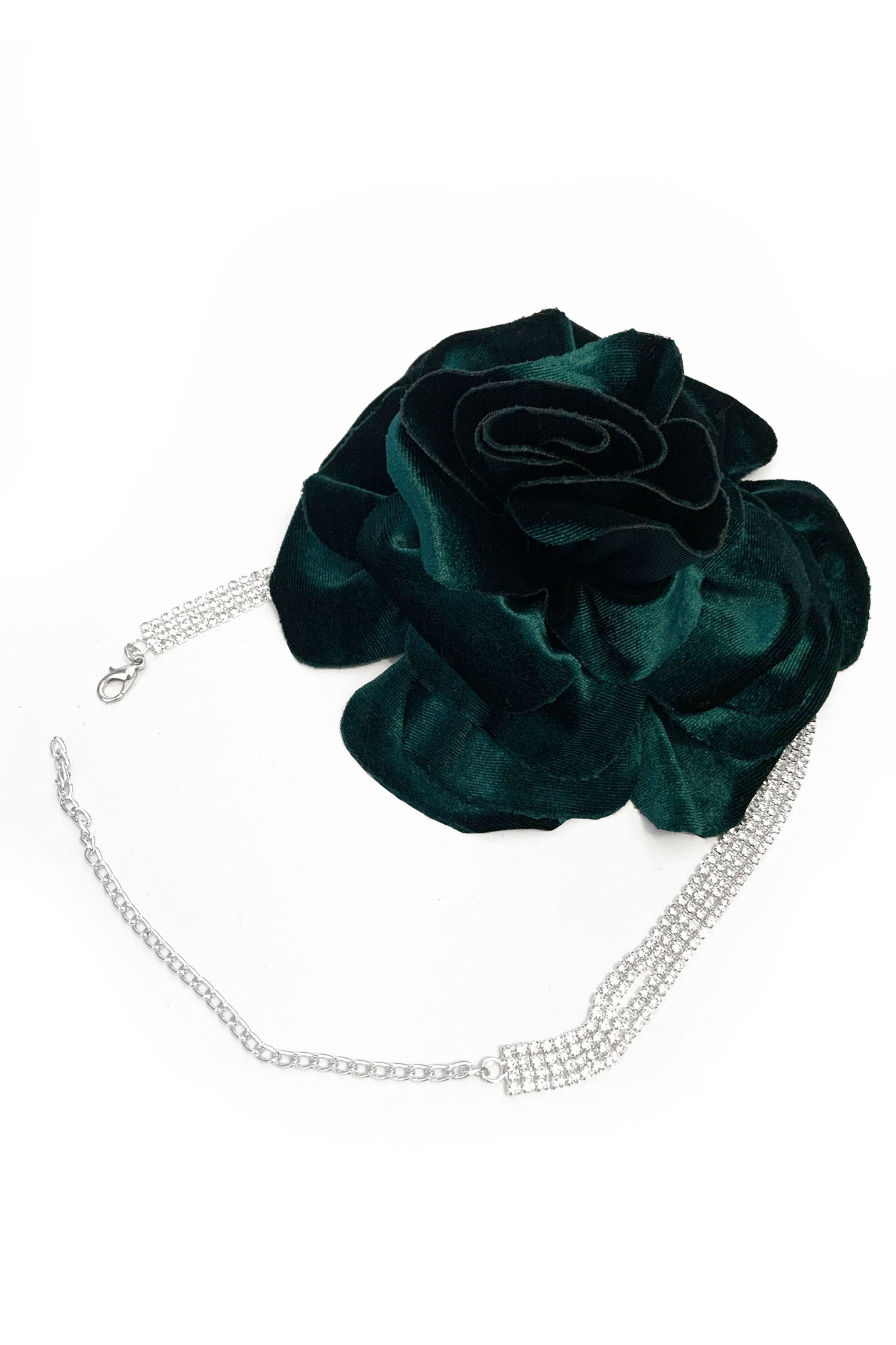 Rhinestones Necklace With Detachable Velvet Flower Brooch Green