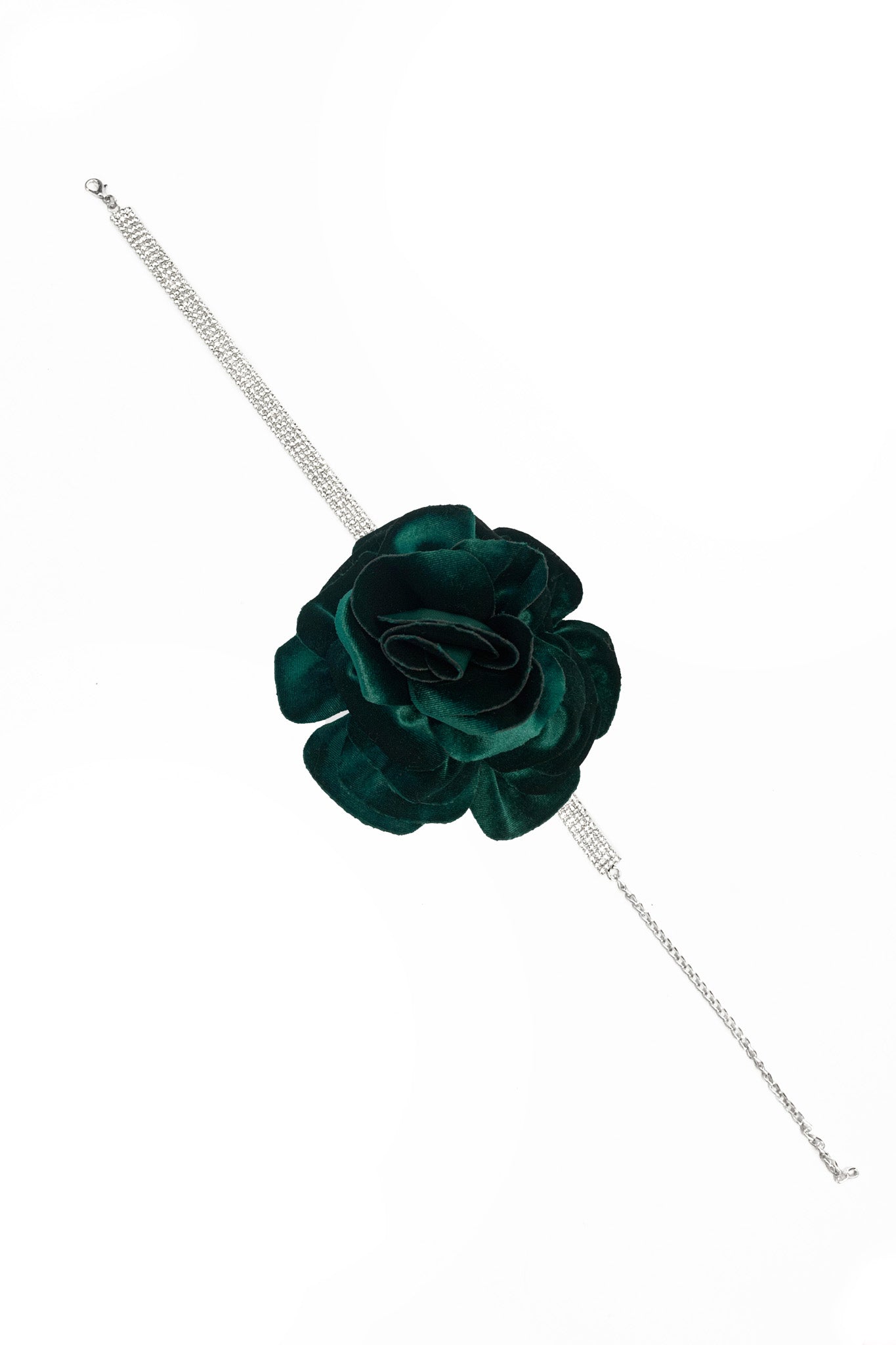 Rhinestones Necklace With Detachable Velvet Flower Brooch Green