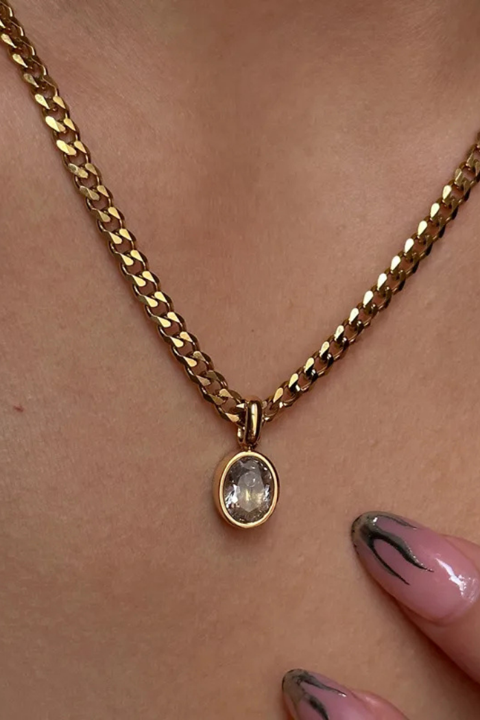 Oval Zircon Plated Stainless Steel Necklace