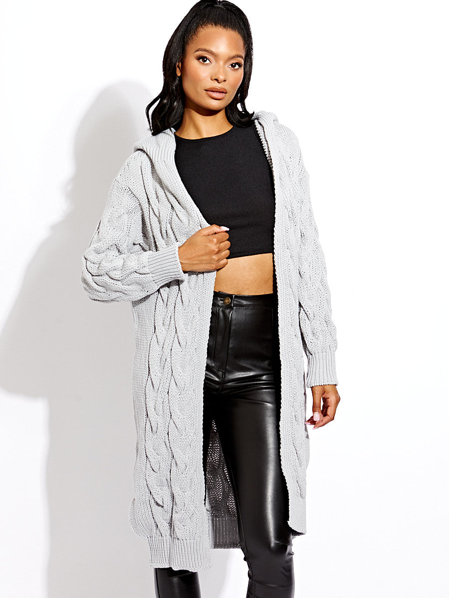 Gray Cable Knit Detail Hooded Cardigan