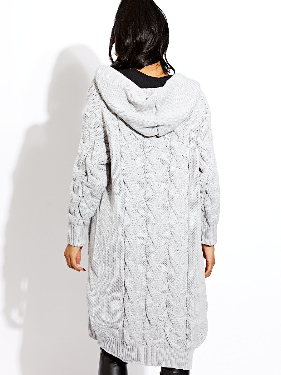 Gray Cable Knit Detail Hooded Cardigan