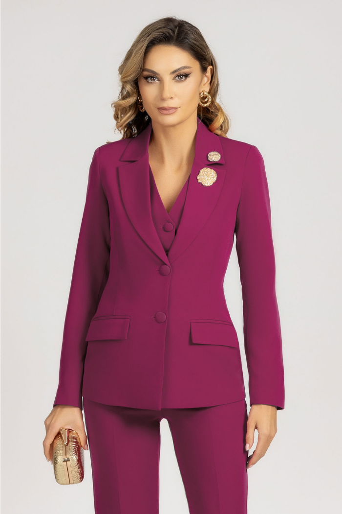 Violet Tailored Office Blazer with Sharp Lapel & Detachable Gold Brooc