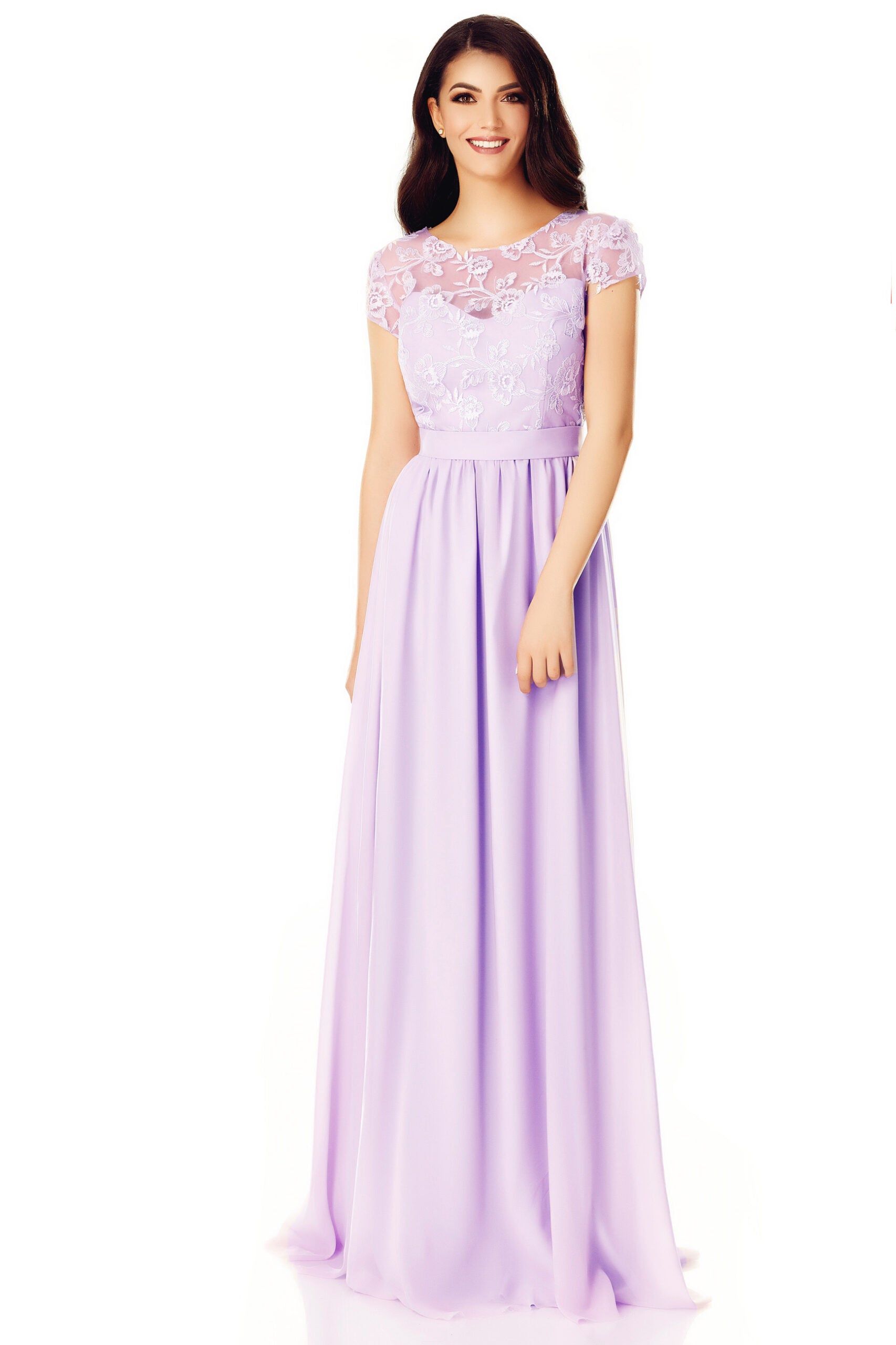 Long Lilac Voile Dress With Precious Lace Bust Embroidered With Sequins