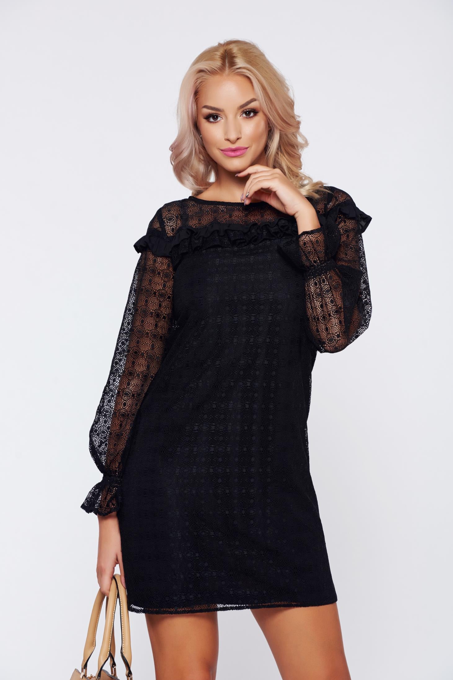 Black Elegant Laced Dress With Ruffle Details