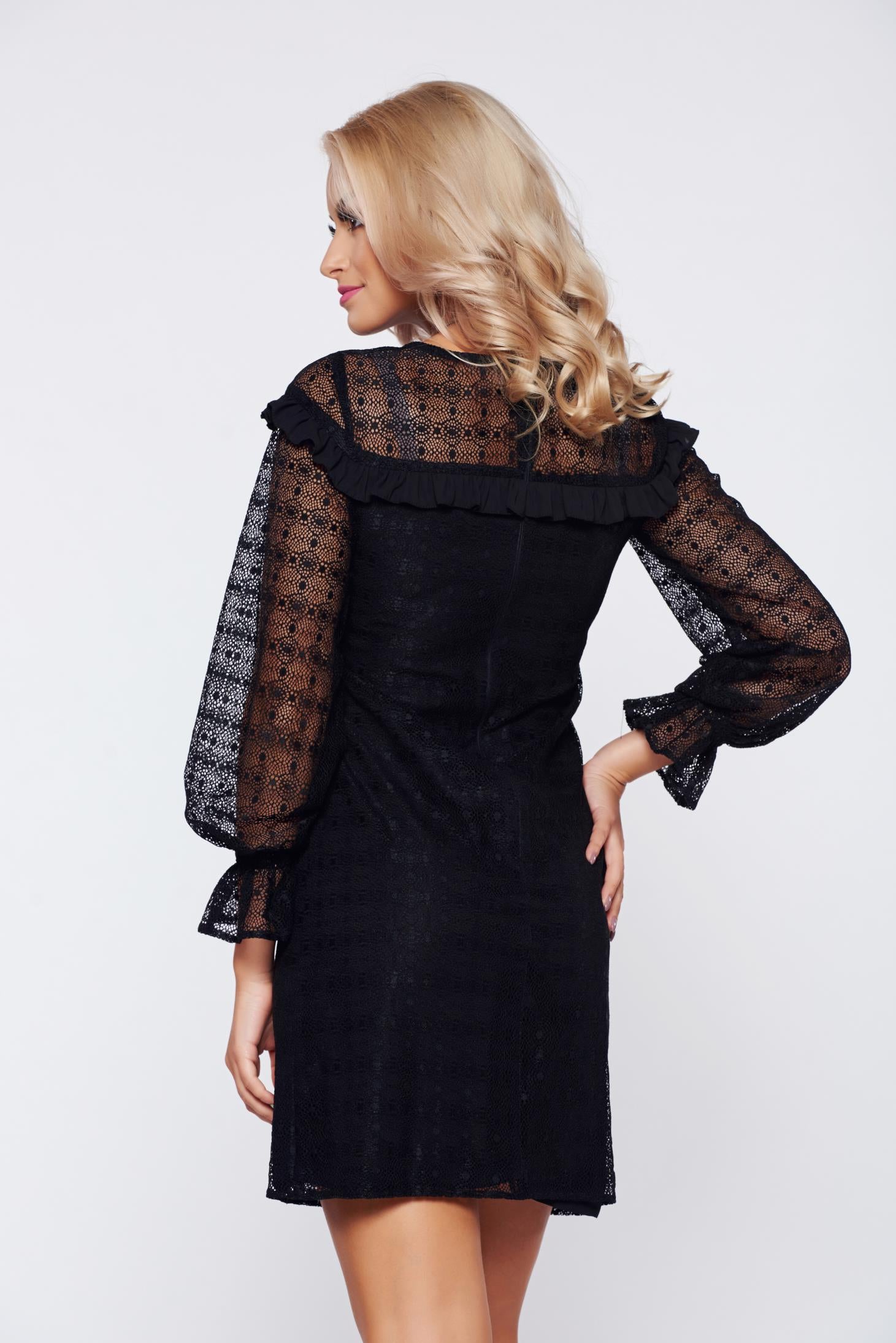 Black Elegant Laced Dress With Ruffle Details