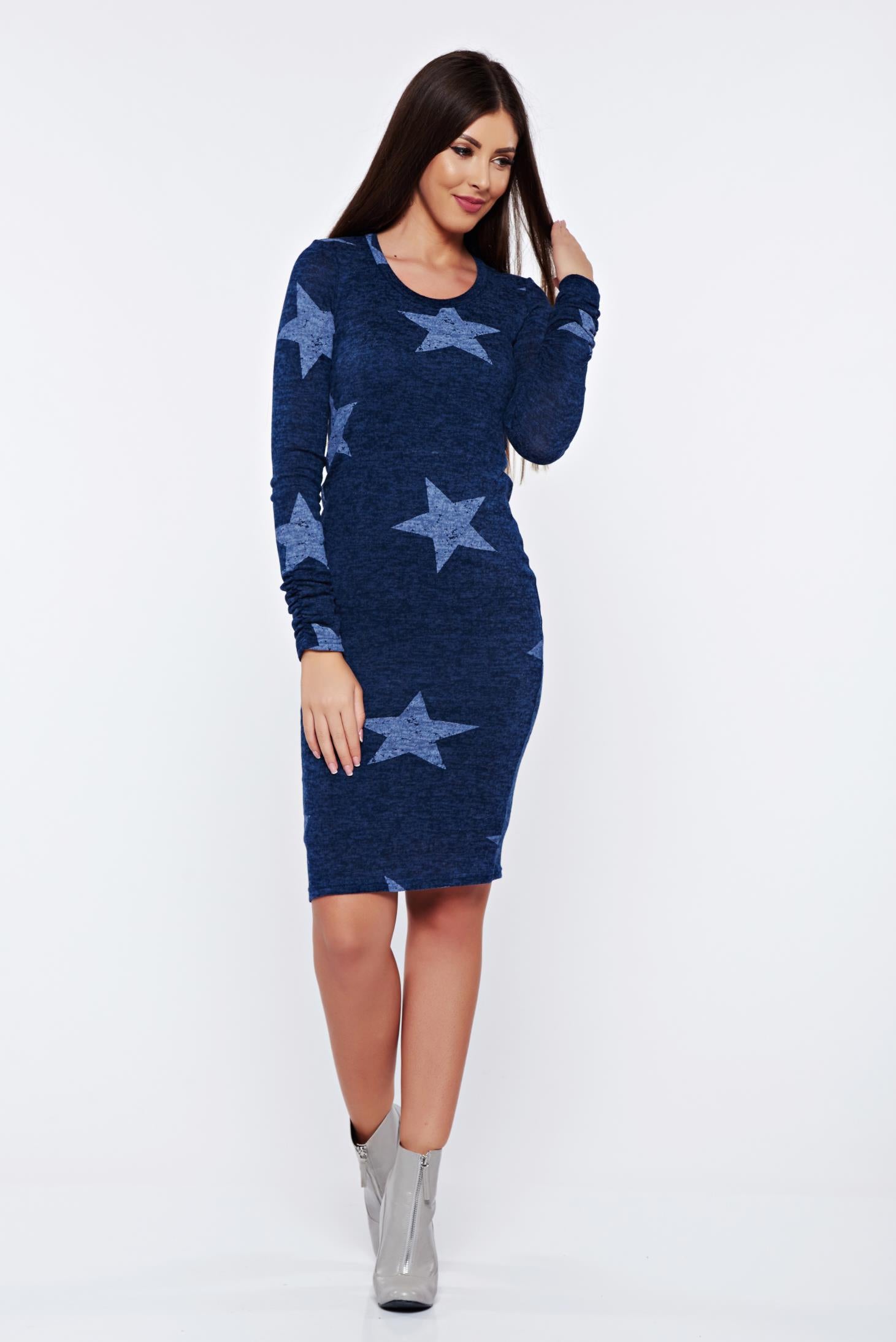 Blue Casual Pencil Knitted Dress With Print Details