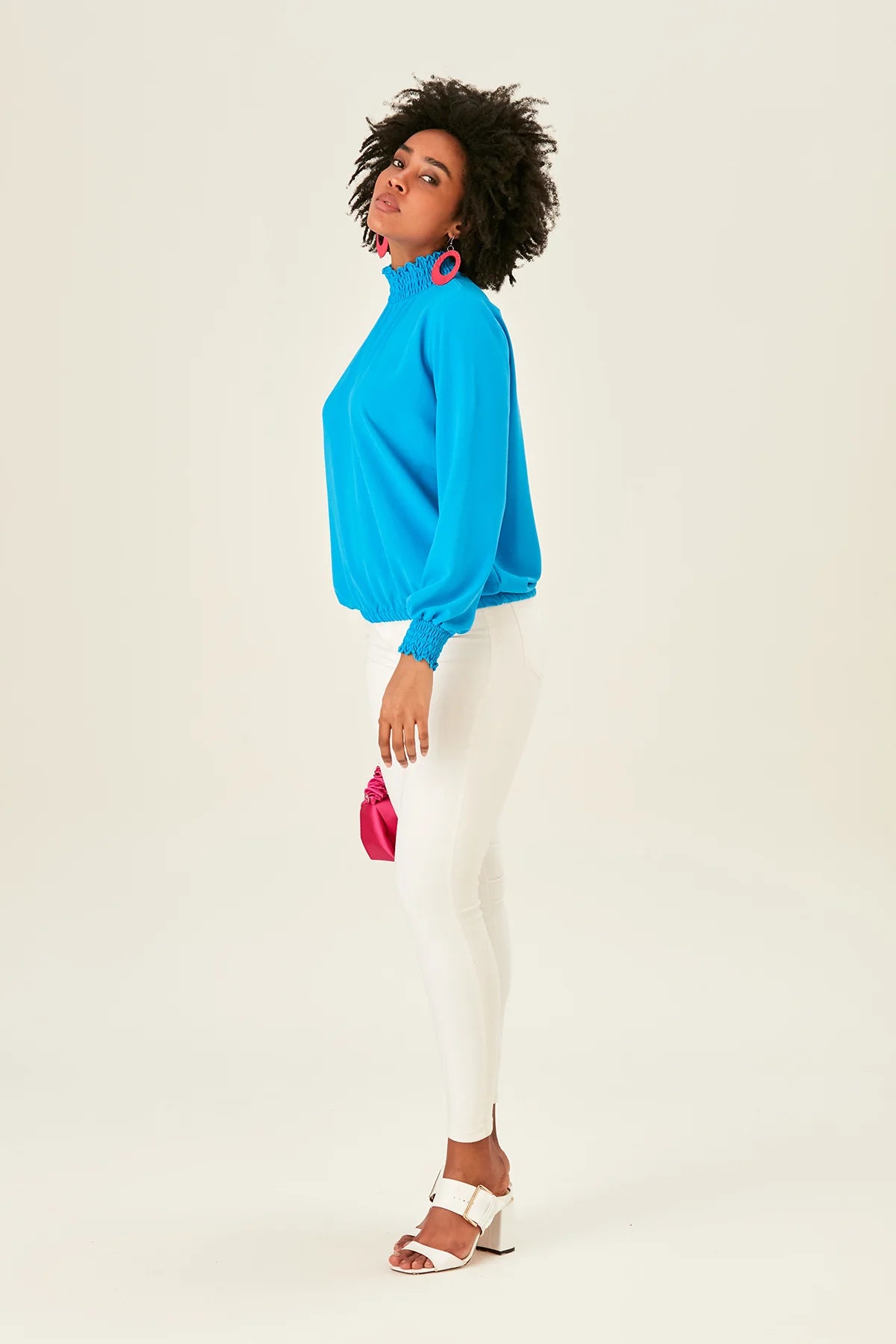 Blue Blouse With Long Sleeves And Turtle Neck