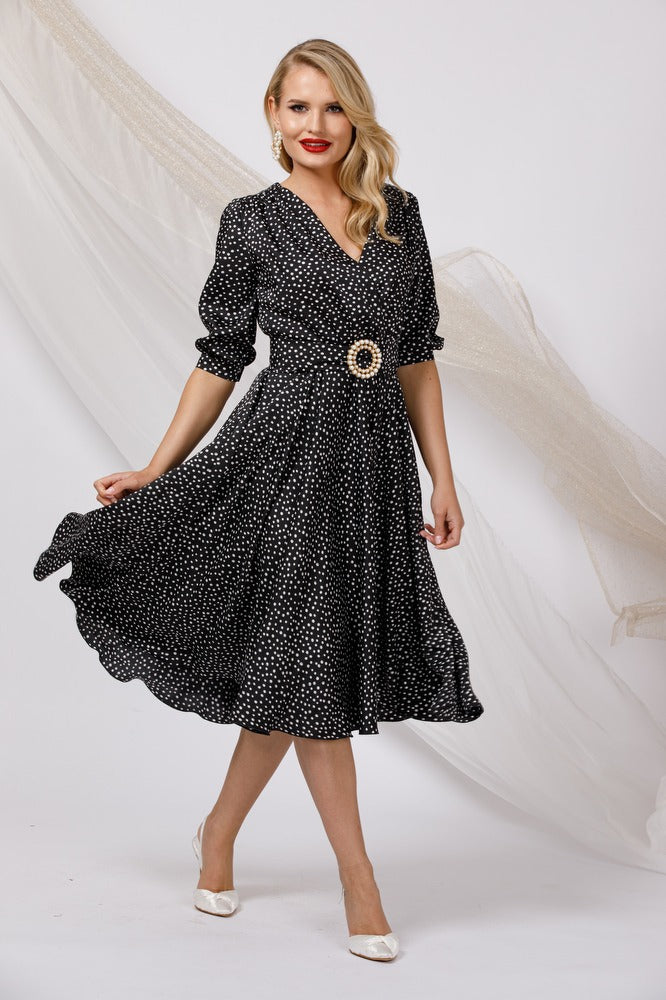 Elegant Black Cloche Dress With Polka Dot Print