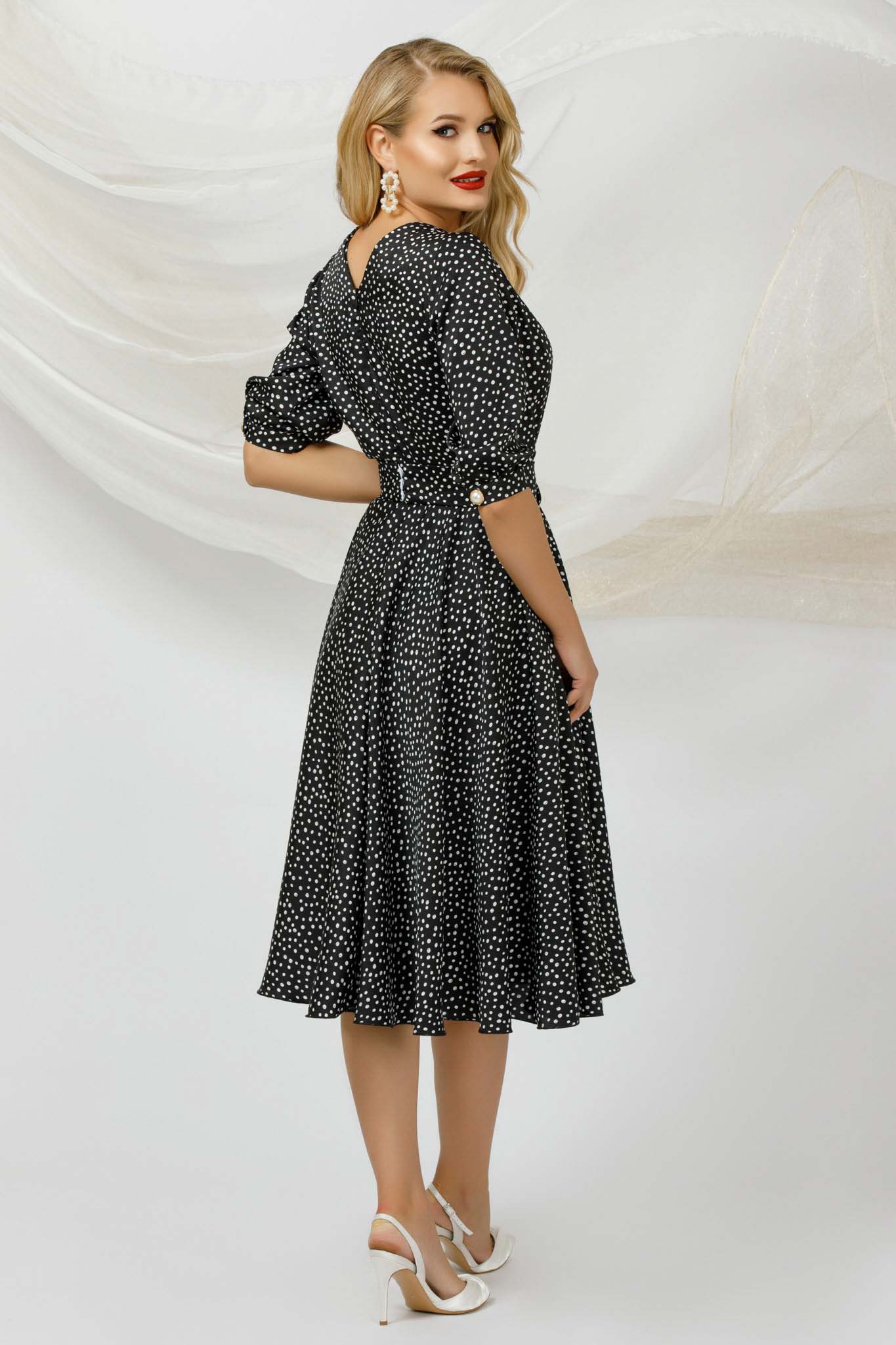 Elegant Black Cloche Dress With Polka Dot Print