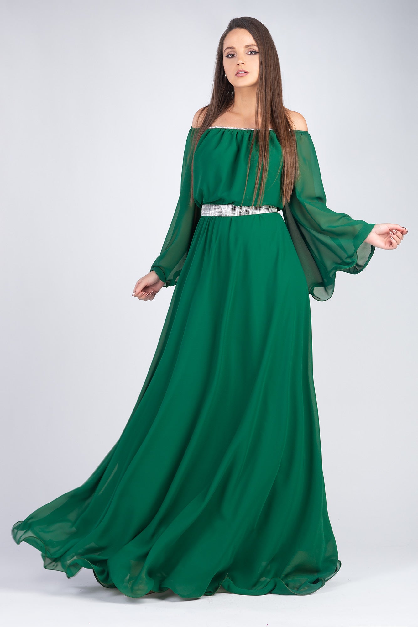 Maxi Dress Green Rhinestones Waistband