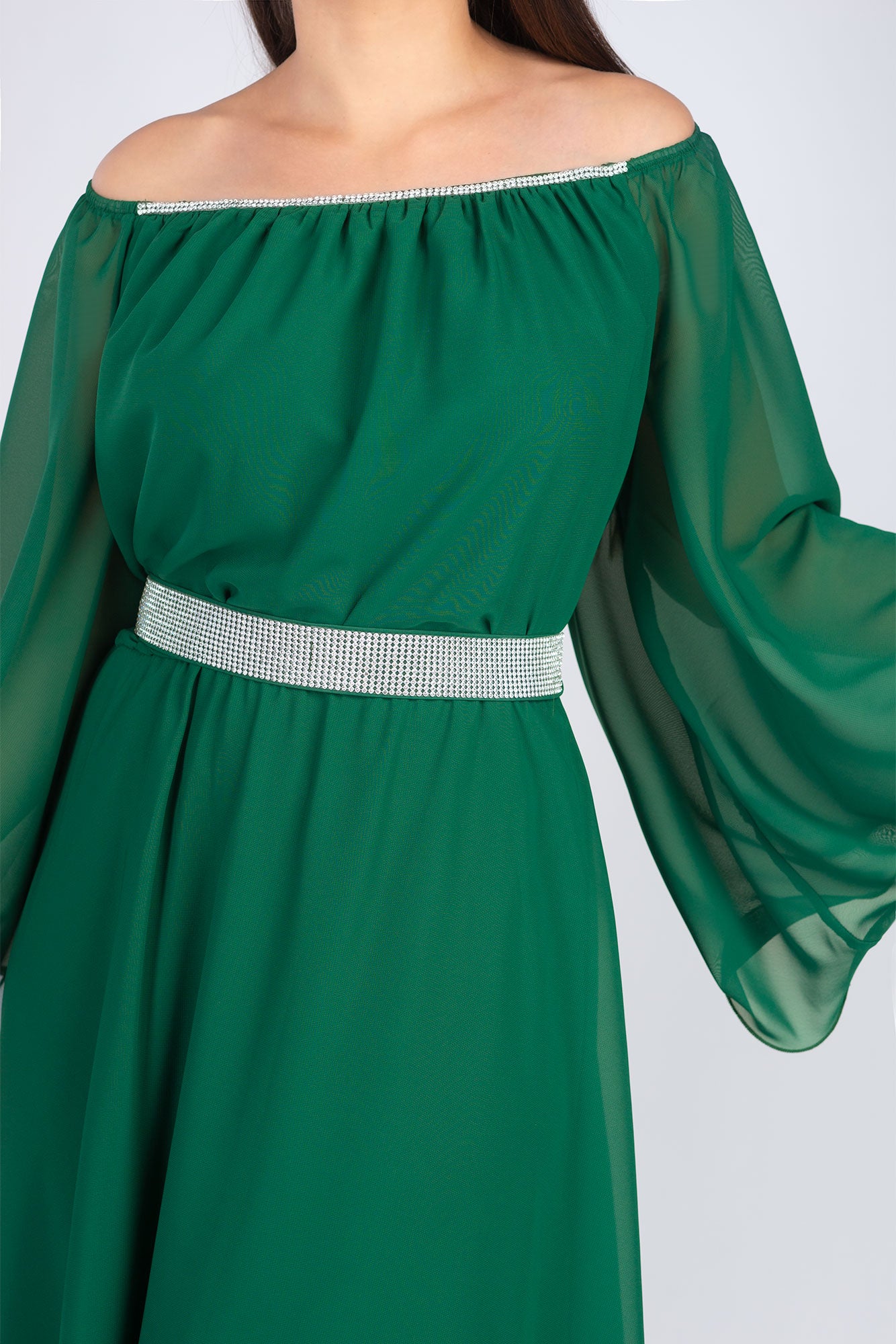 Maxi Dress Green Rhinestones Waistband
