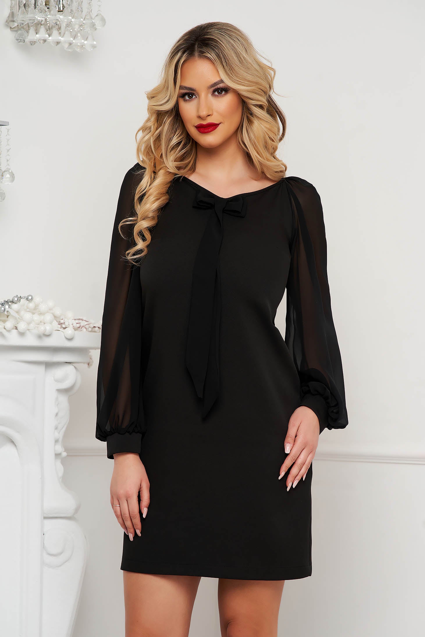 Dress Black Occasional With Veil Sleeves With Bow Loose Fit Dress Black Occasional With Veil Sleeves With Bow Loose Fit