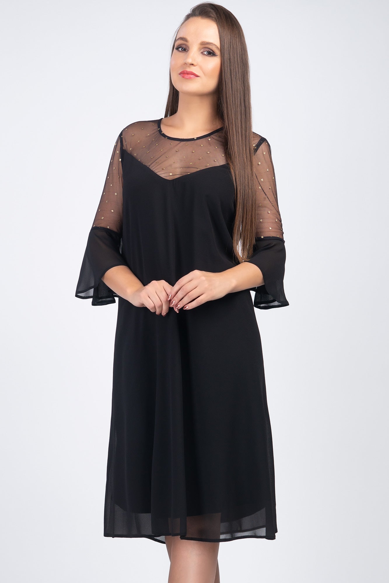 Voile Black Golden Dress Loose Cut Lace Sleeves