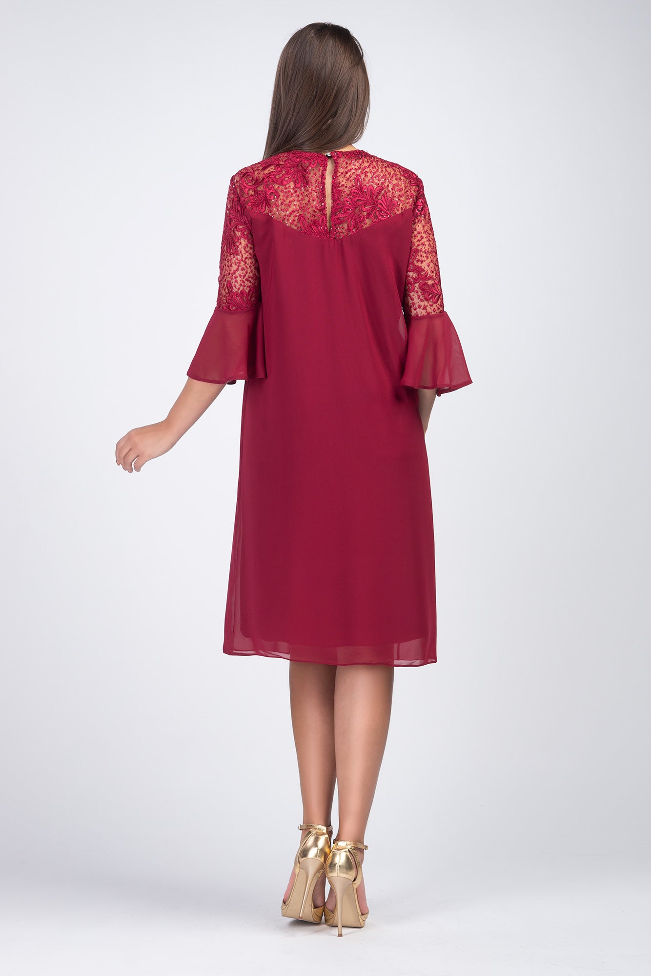 Voile Burgundy Dress Loose Cut Lace Sleeves