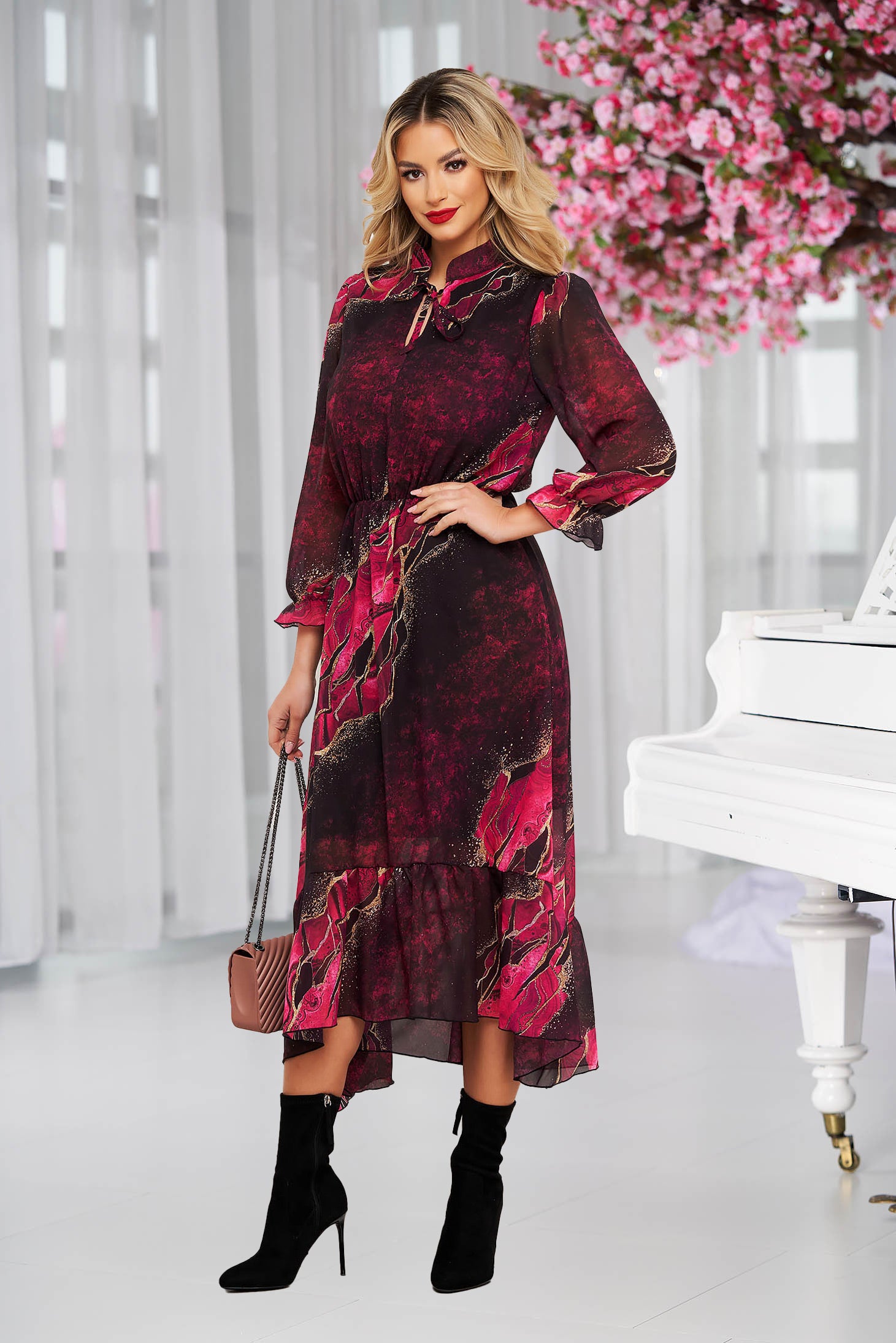 Dress From Veil Fabric With Graphic Details Cloche With Elastic Waist With Ruffle Details