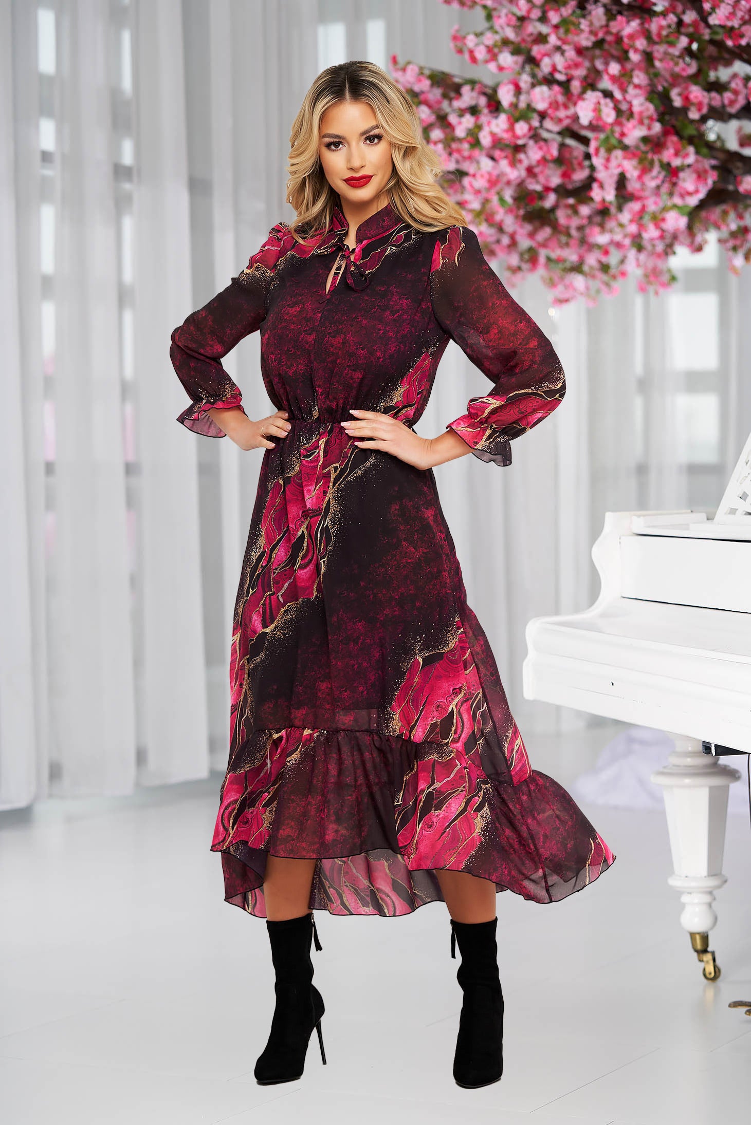 Dress From Veil Fabric With Graphic Details Cloche With Elastic Waist With Ruffle Details