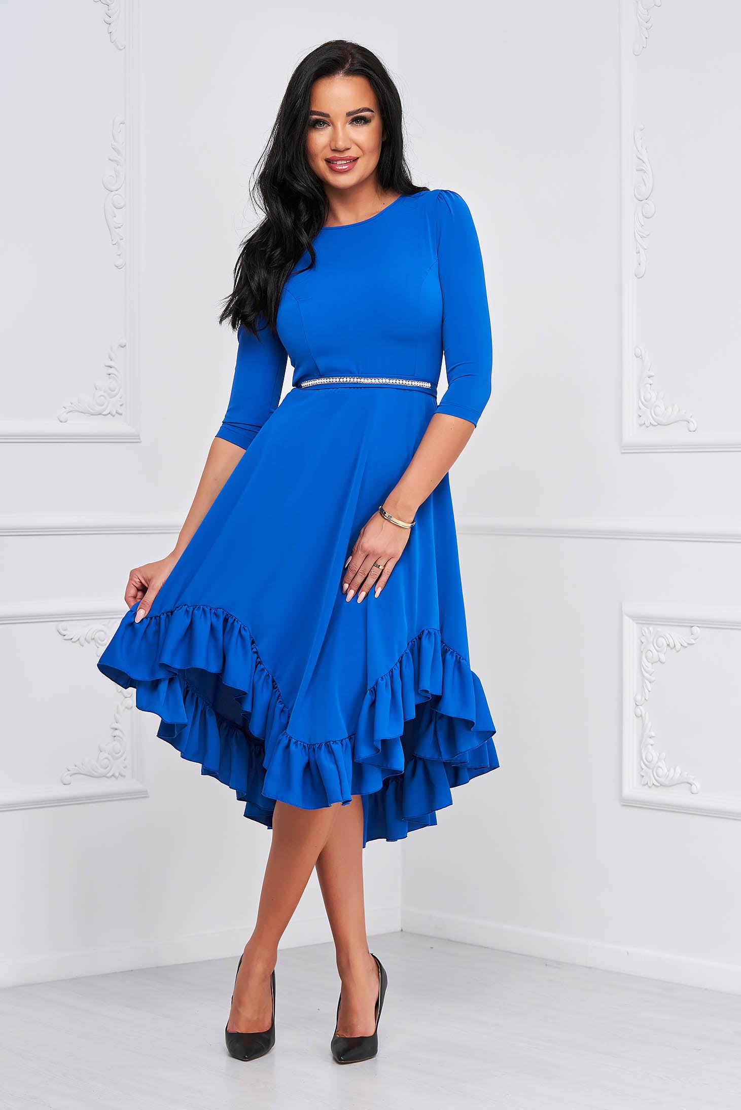 Blue Dress Asymmetrical Cloche With Ruffles At The Bottom Of The Dress Georgette