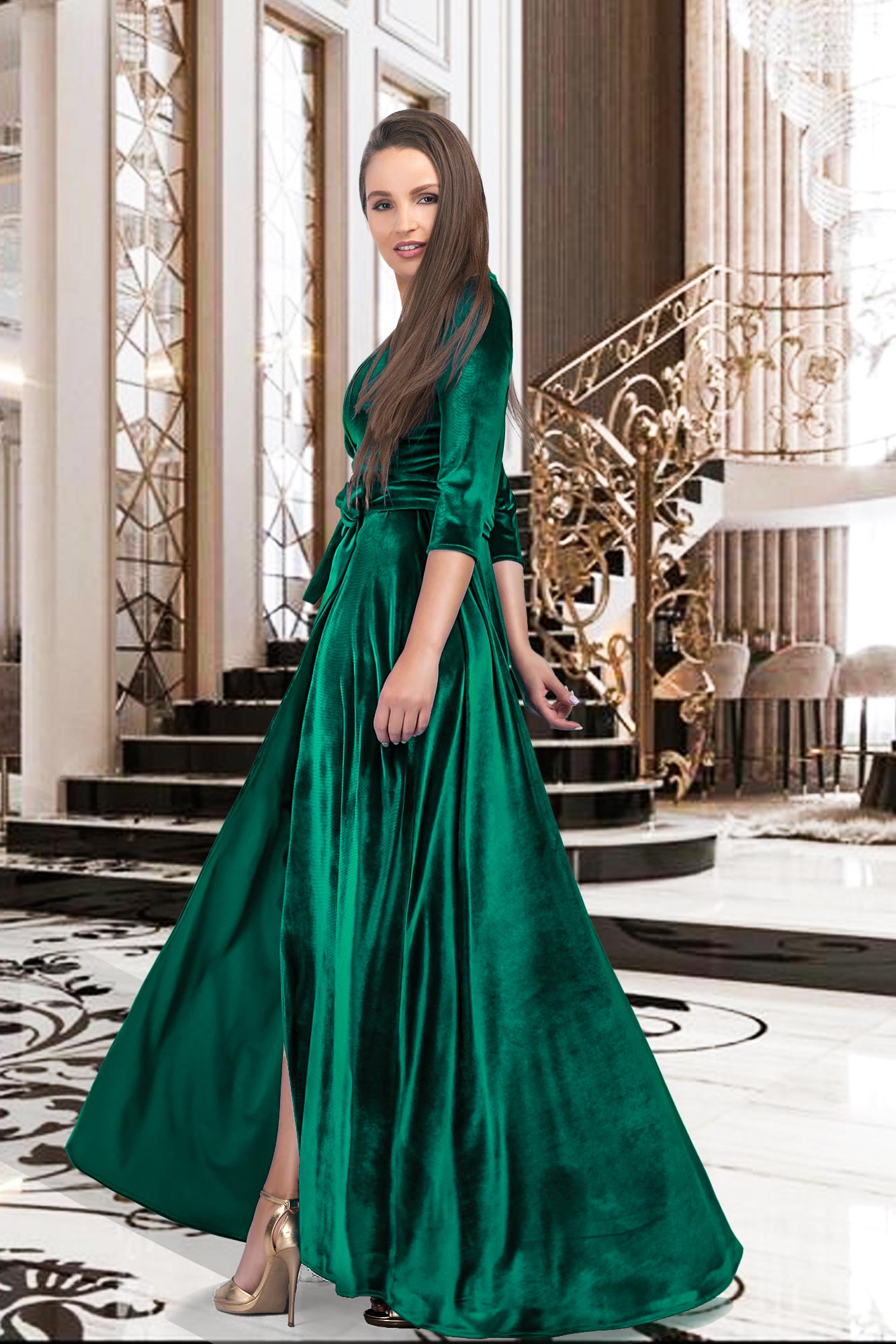 Green Velvet Long Dress Wrap Adjustable Cord