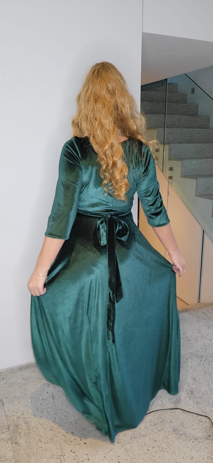Green Velvet Long Dress Wrap Adjustable Cord
