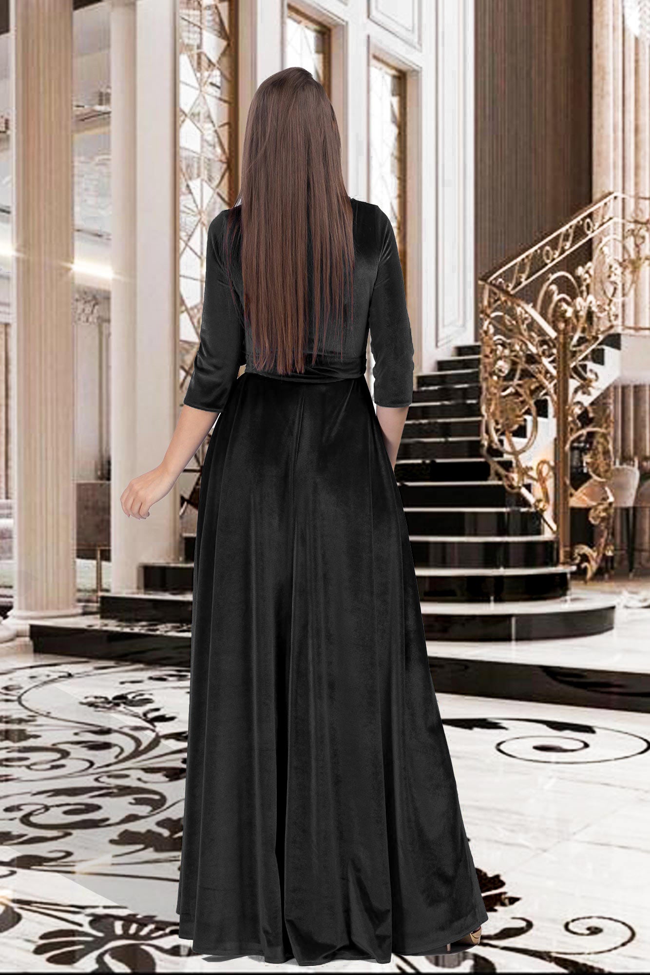 Black Velvet Long Dress Wrap Adjustable Cord