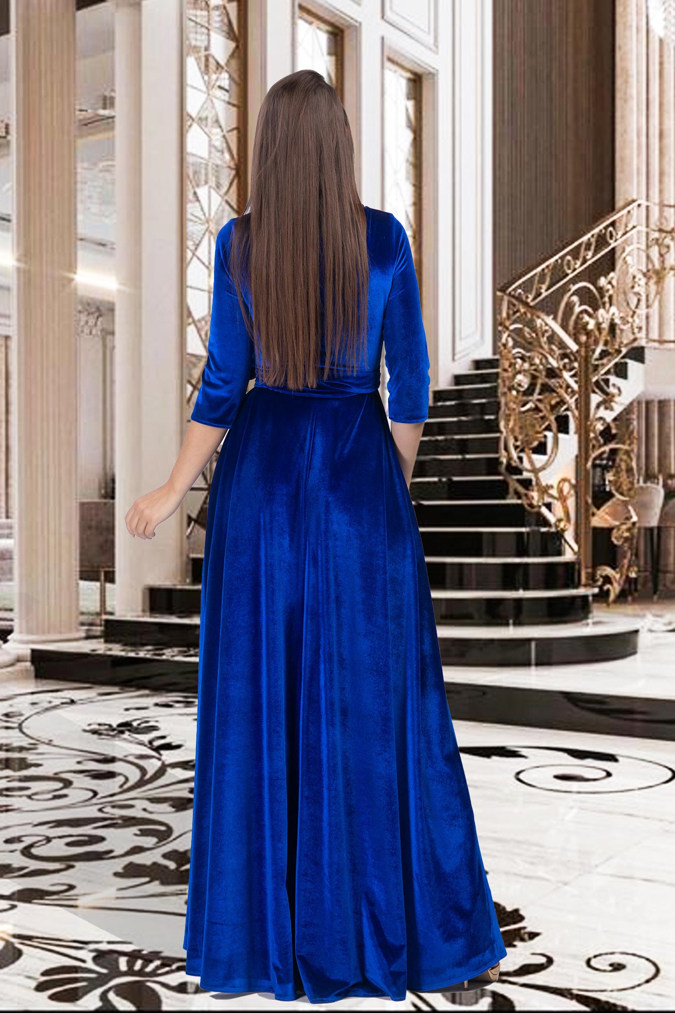Blue Velvet Long Dress Wrap Adjustable Cord