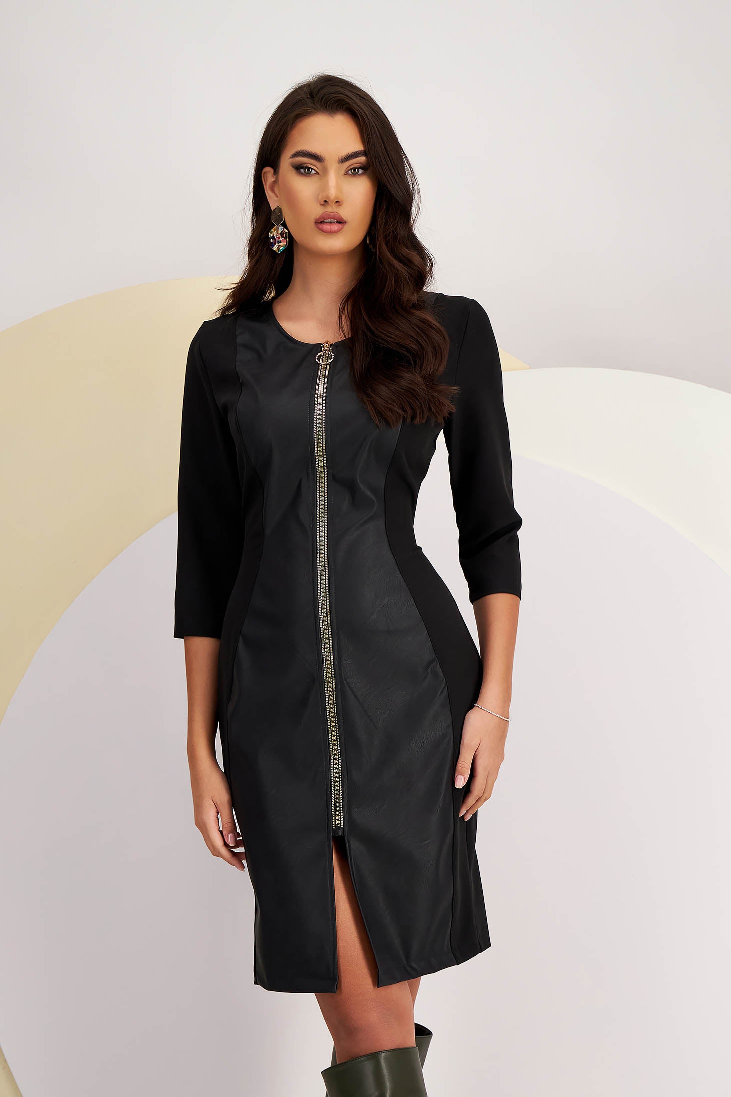 Black Pencil Dress From Ecological Leather Front