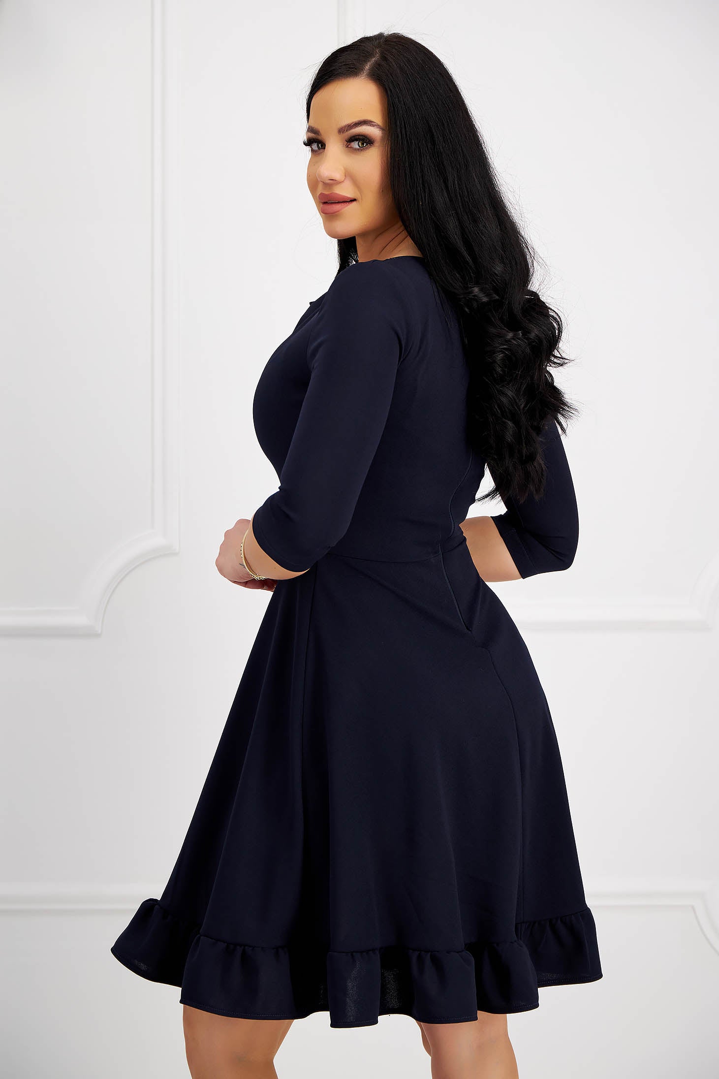 Dark Blue Dress Crepe Midi Cloche Cowl Neckline