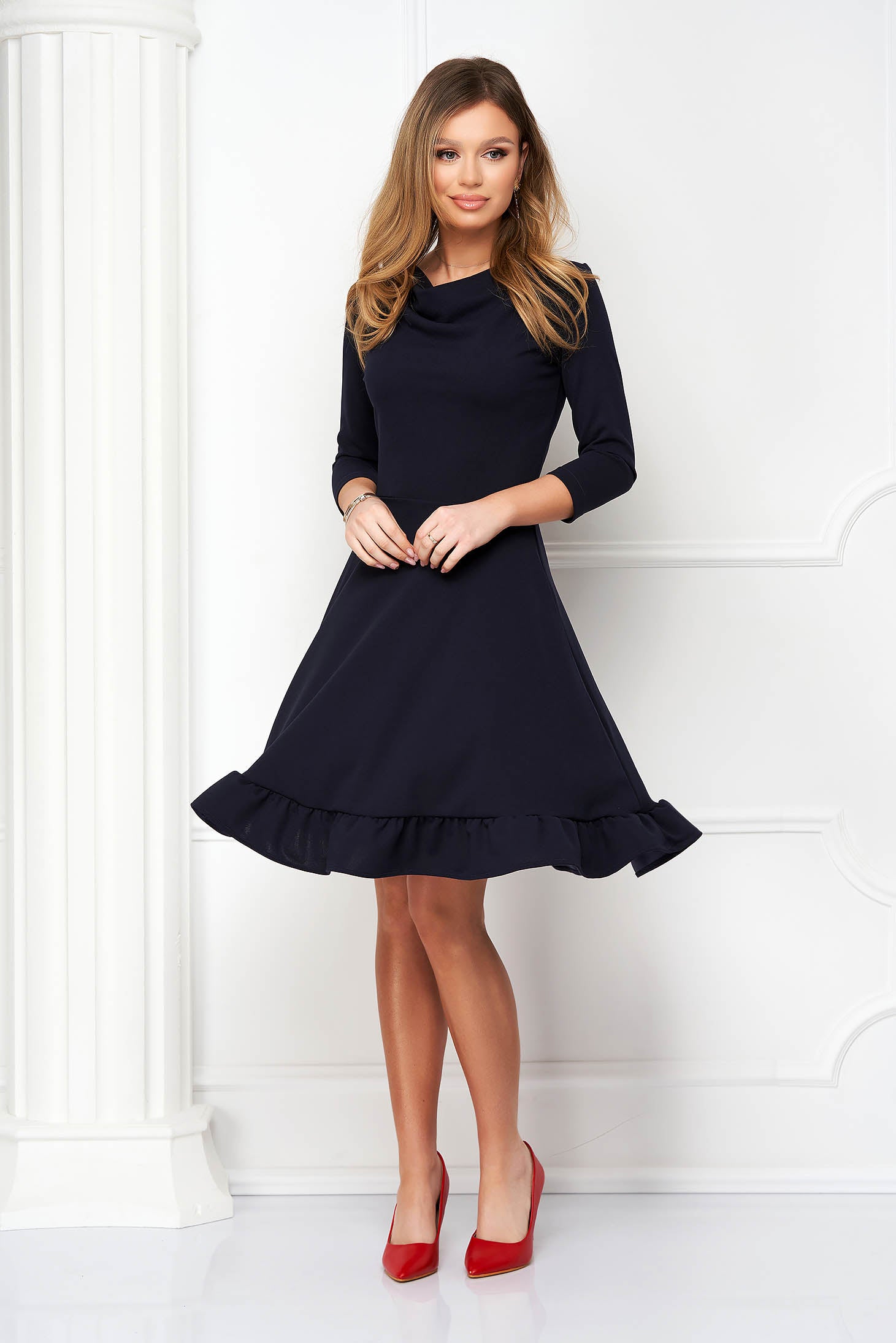 Dark Blue Dress Crepe Midi Cloche Cowl Neckline