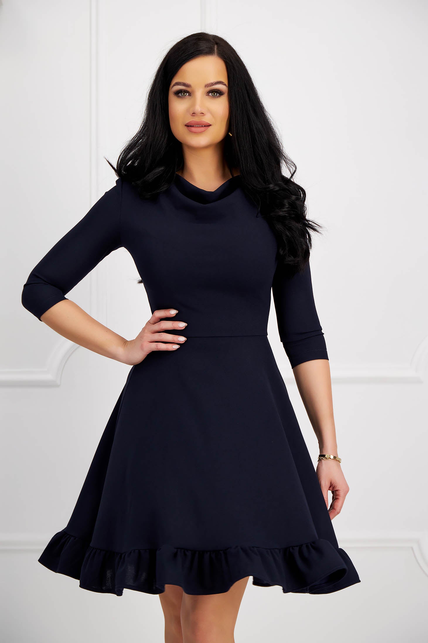 Dark Blue Dress Crepe Midi Cloche Cowl Neckline