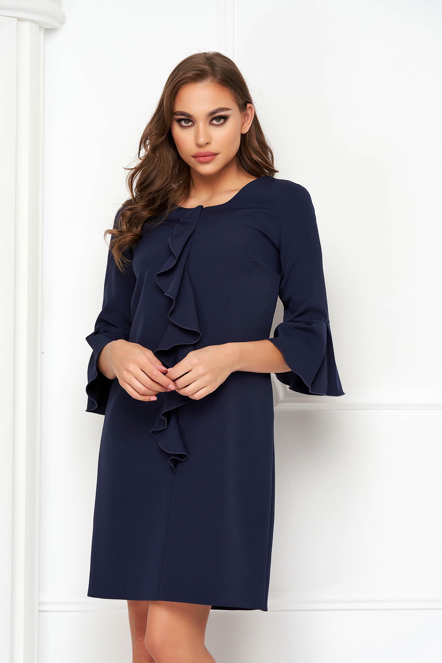 Dark Blue Dress Slightly Elastic Fabric Short Cut Loose Fit With Ruffle Details