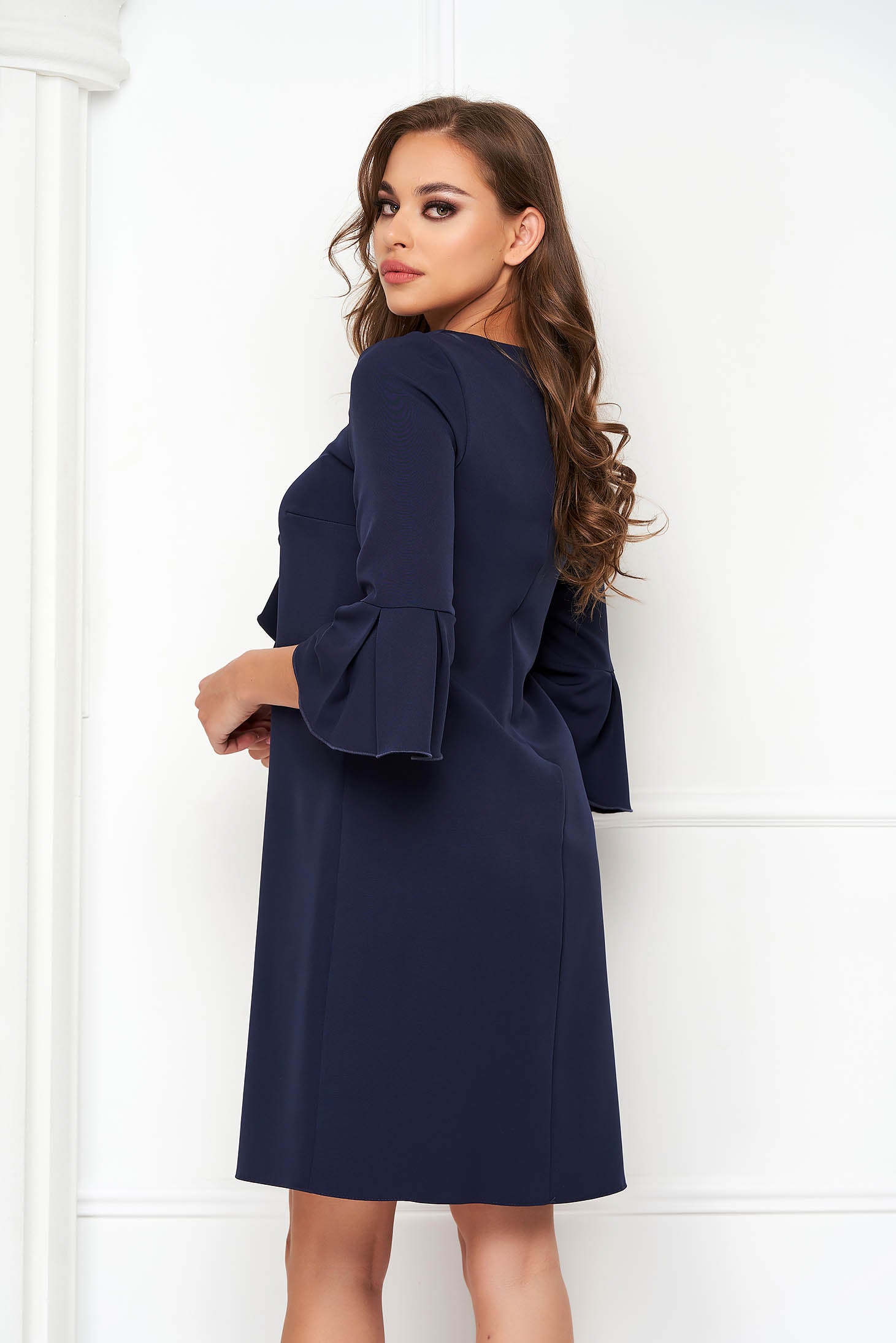 Dark Blue Dress Slightly Elastic Fabric Short Cut Loose Fit With Ruffle Details