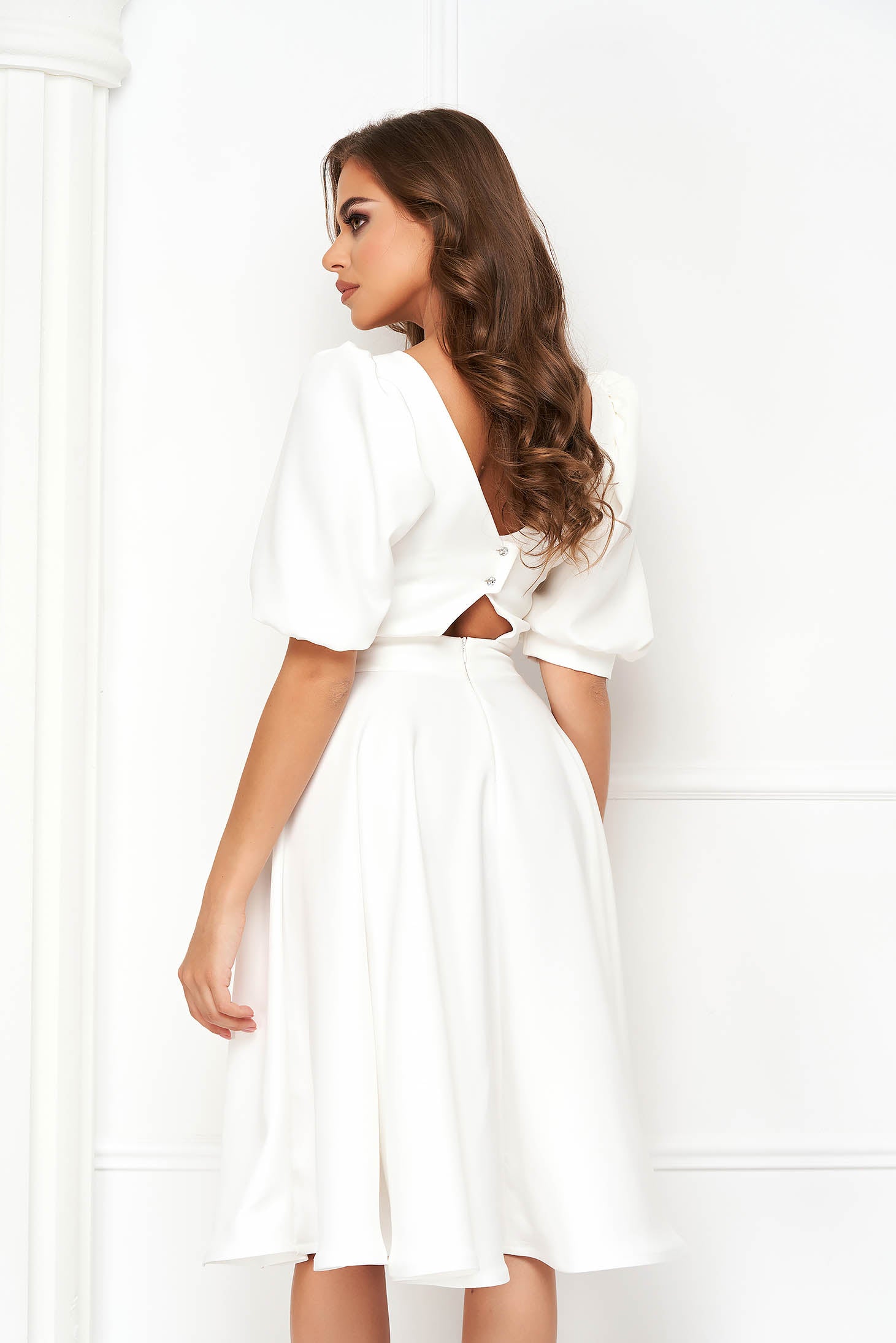 Ivory Dress Midi Cloche Elastic Cloth V Back Neckline